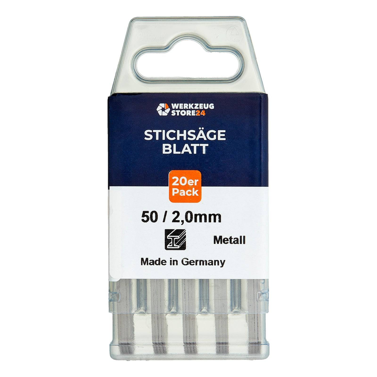 Ein Pack mit 50 Stichsägeblättern, 2,0 mm, geeignet für Metall, hergestellt in Deutschland, vermarktet unter der Marke Werkzeug Store 24, 20-Stück-Pack.
