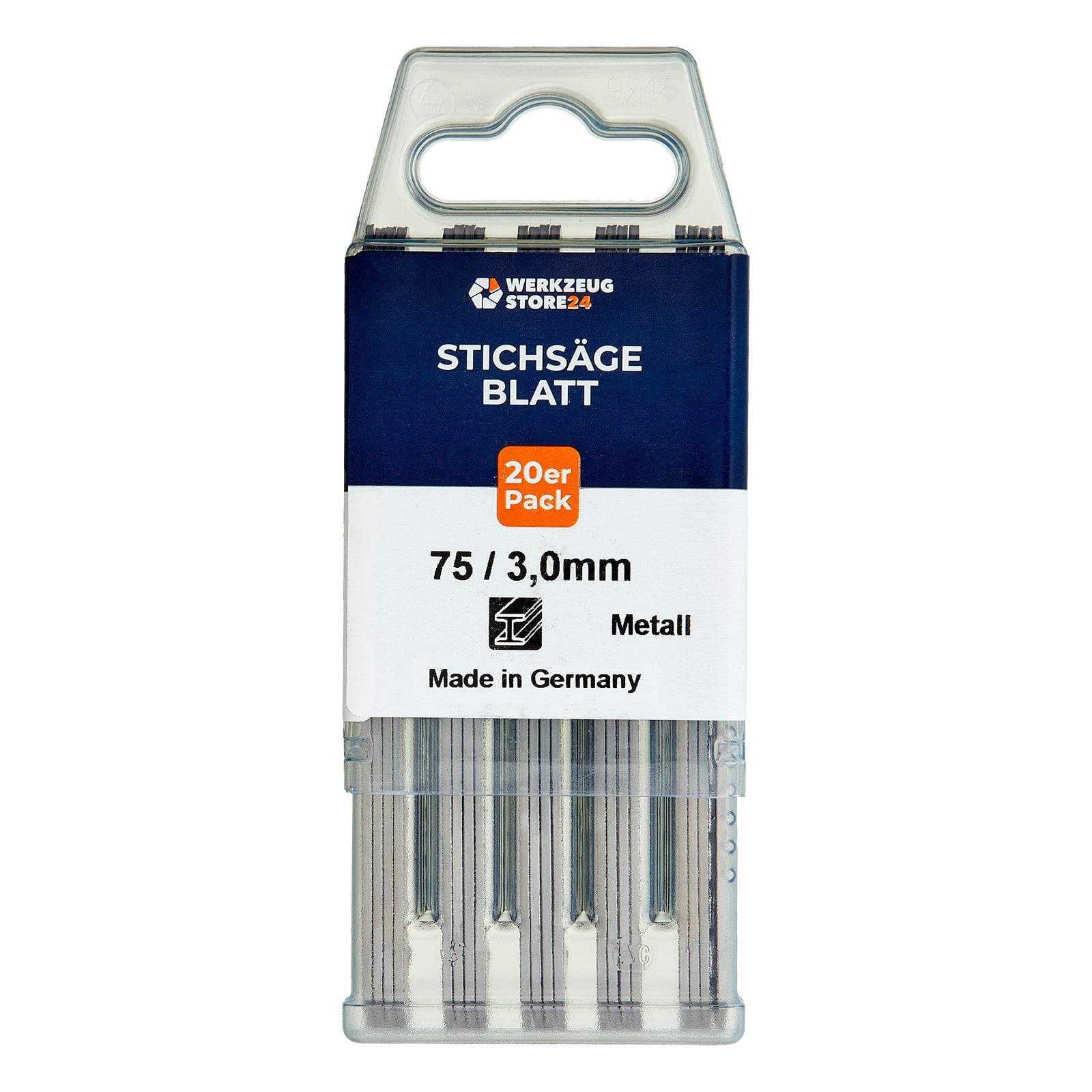 Stichsägeblatt 20er Pack', Blisterpackung mit 20 Metall-Stichsägeblättern, 75 mm Länge, 3 mm Breite. Hergestellt in Deutschland. Marke: Werkzeugstore24.