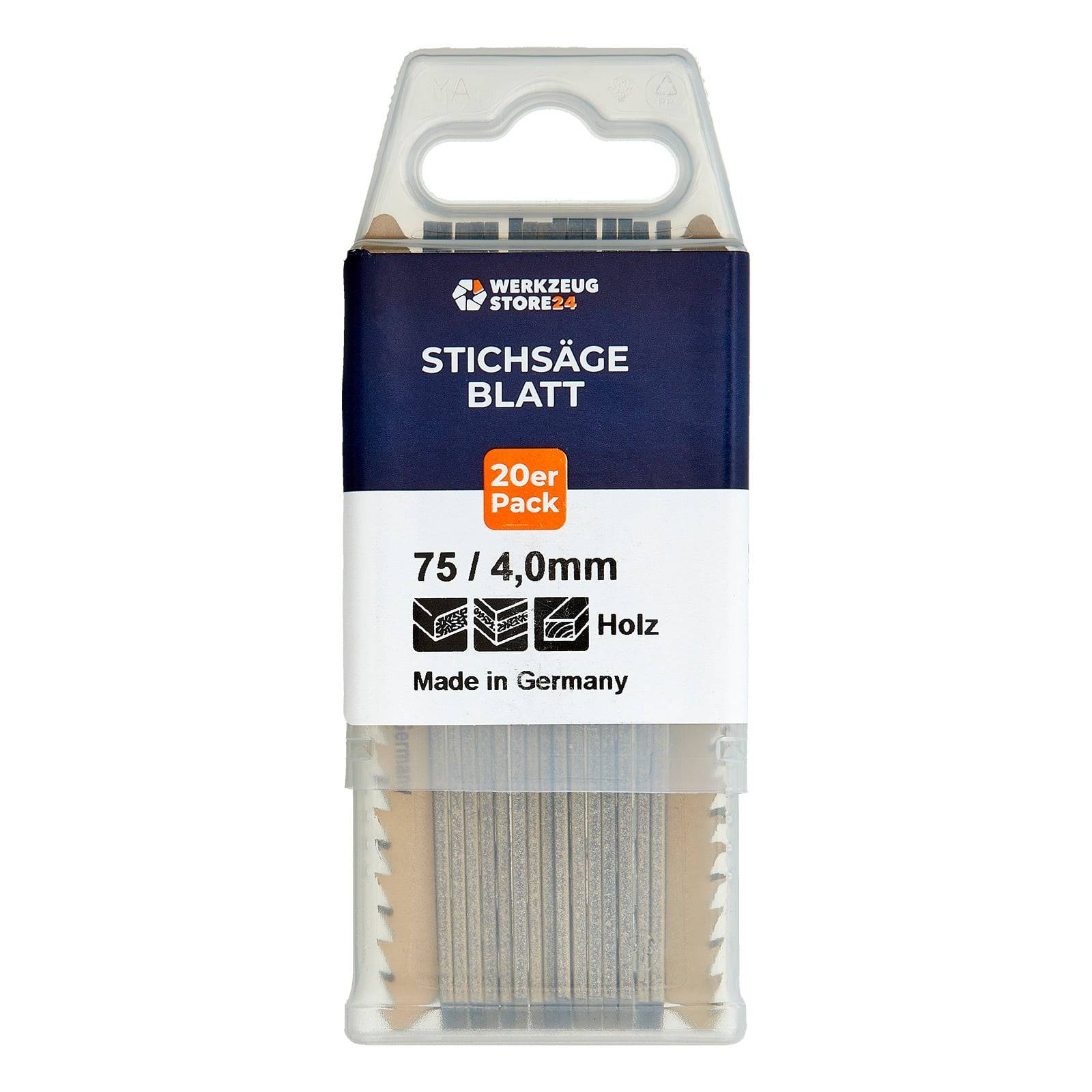 Packung mit 20 Stichsägeblättern für Holz, gekennzeichnet mit 'STICHSÄGE BLATT', 75/4.0mm, hergestellt in Deutschland. Verpackung ist blau und transparent.