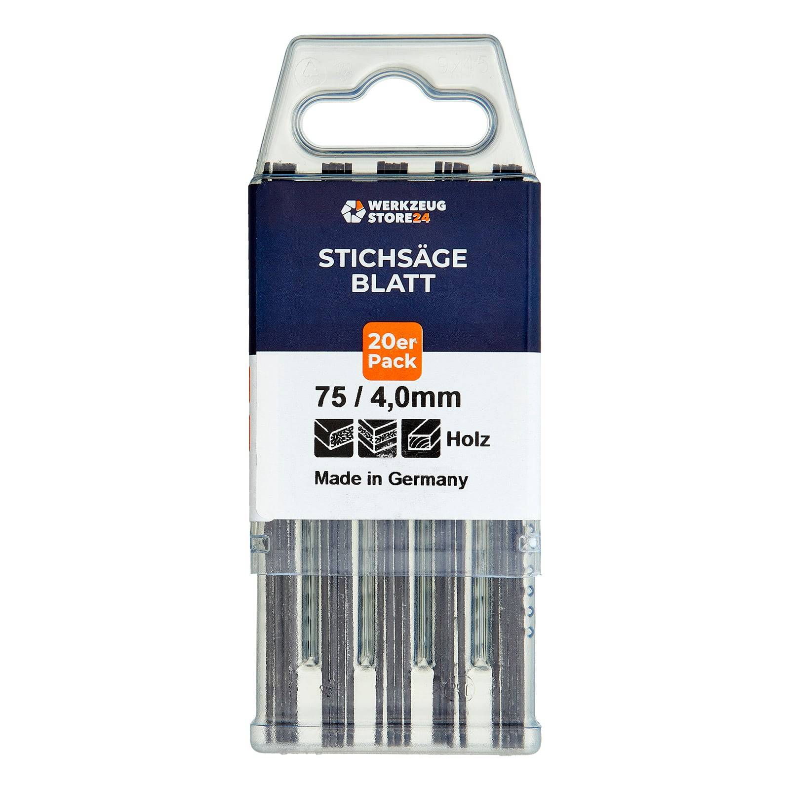 Satz von Stichsägeblättern mit Aufschrift 'Stichsäge Blatt', 20 Stück, 75mm/4.0mm, für Holz. Marke 'Werkzeug Store 24', hergestellt in Deutschland.