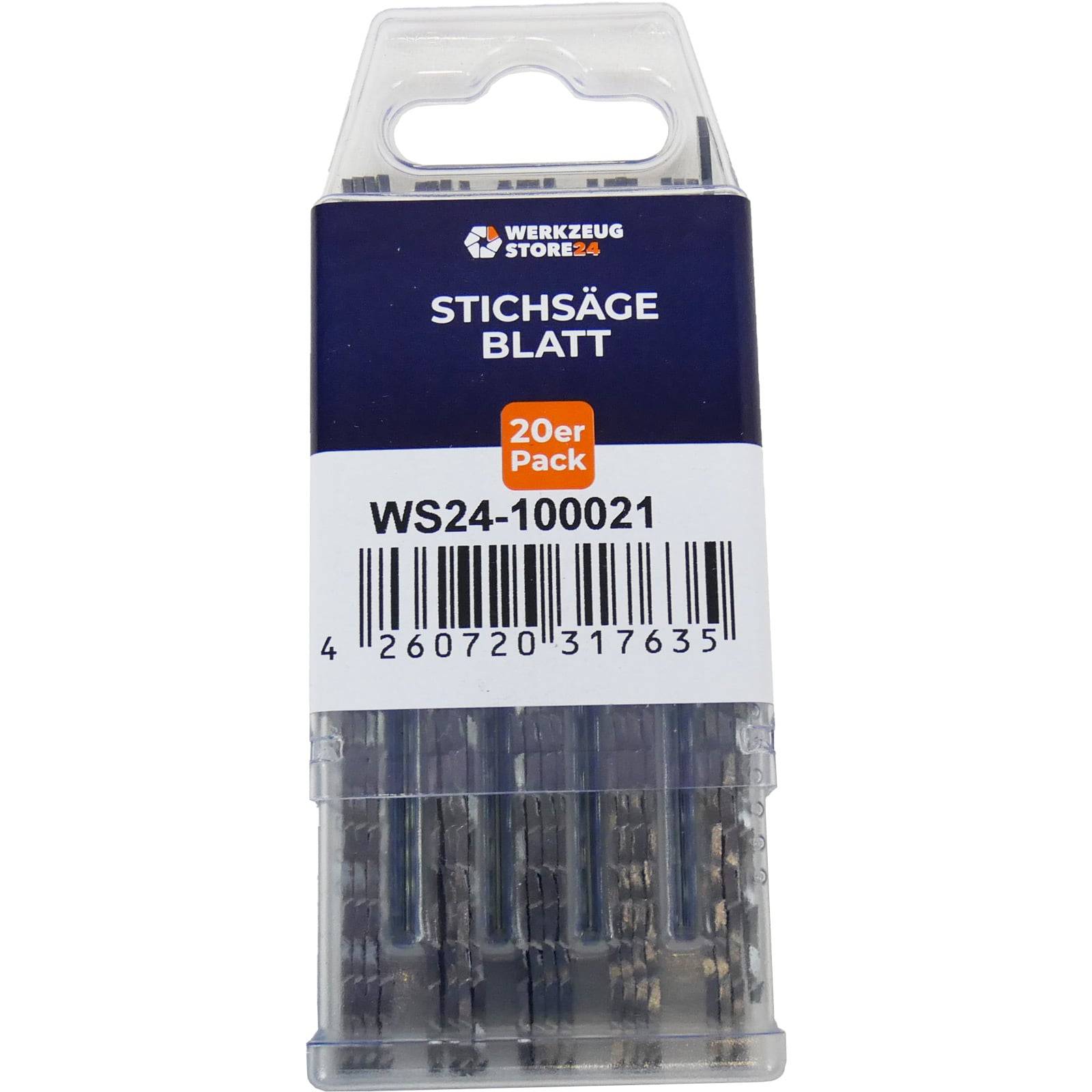Eine Plastikverpackung mit Stichsägeblättern, gekennzeichnet als 'Stichsäge Blatt' mit Strichcode WS24-100021, enthaltend 20 Stück, hergestellt von Werkzeug Store.