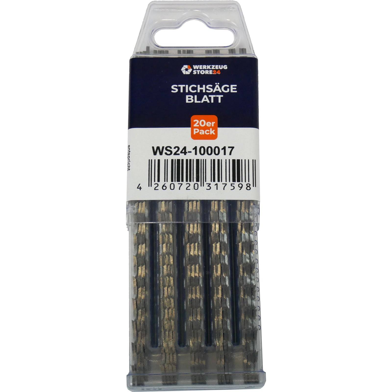 Ein Satz von 20 Stichsägeblättern, gekennzeichnet mit 'Stichsäge Blatt', mit der Modellnummer 'WS24-100017', in einer transparenten Plastikbox.