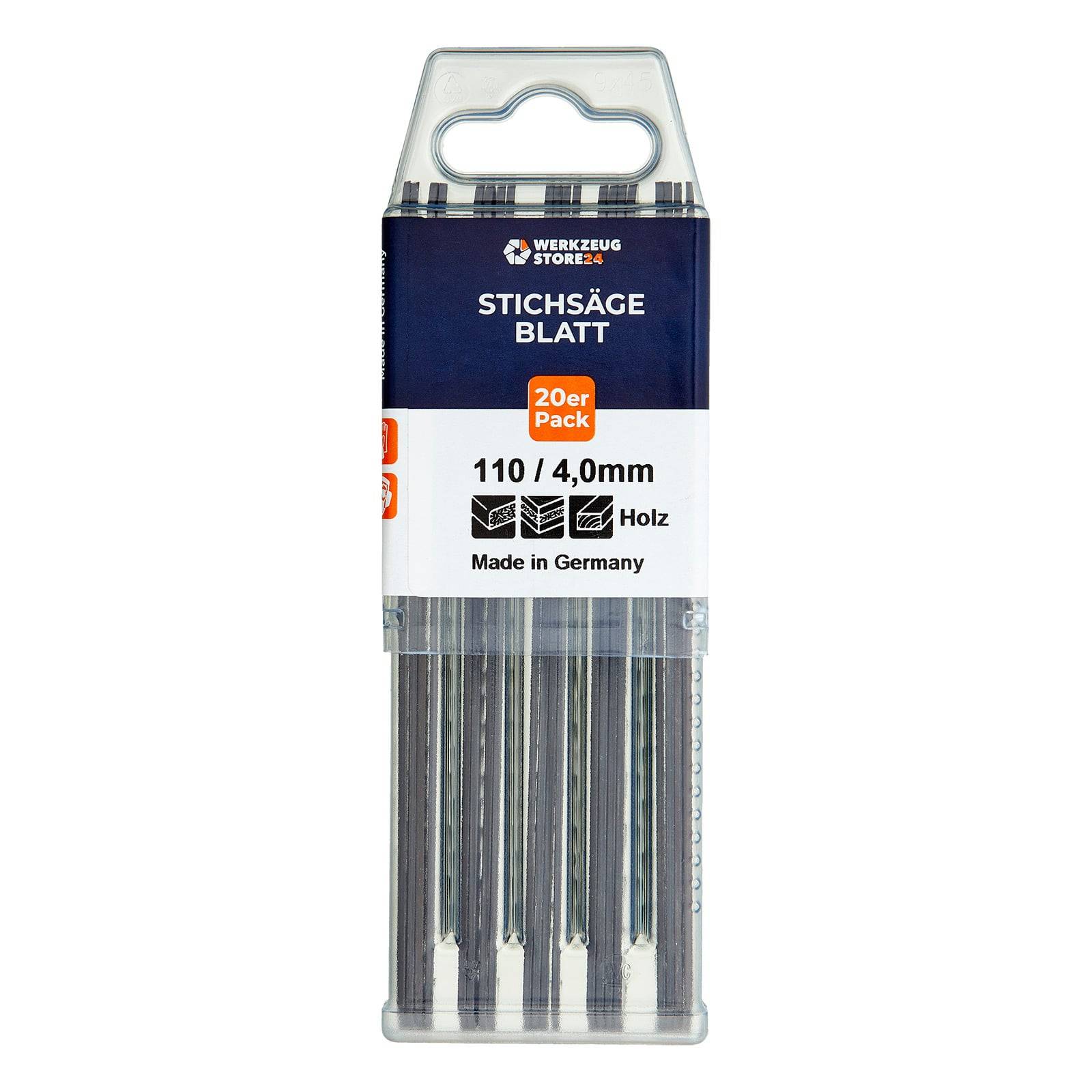 Sägeblätter-Packung von 'Werkzeug Store24', 'Stichsäge Blatt', 20-teiliges Set, 110mm, 4,0mm, geeignet für Holz, hergestellt in Deutschland.