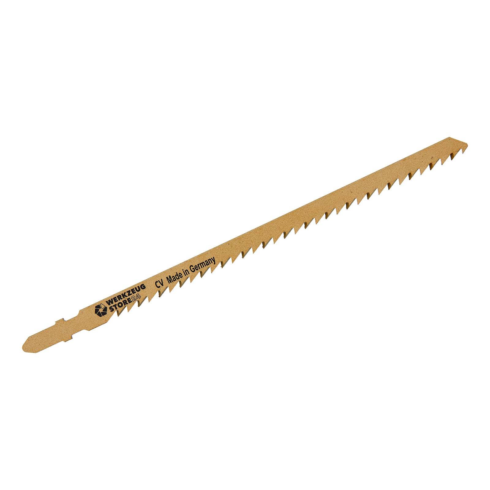Eine braune Stichsägeblatt mit scharfen Zähnen, beschriftet mit 'Werkzeug Stieb' und 'CV Made in Germany.
