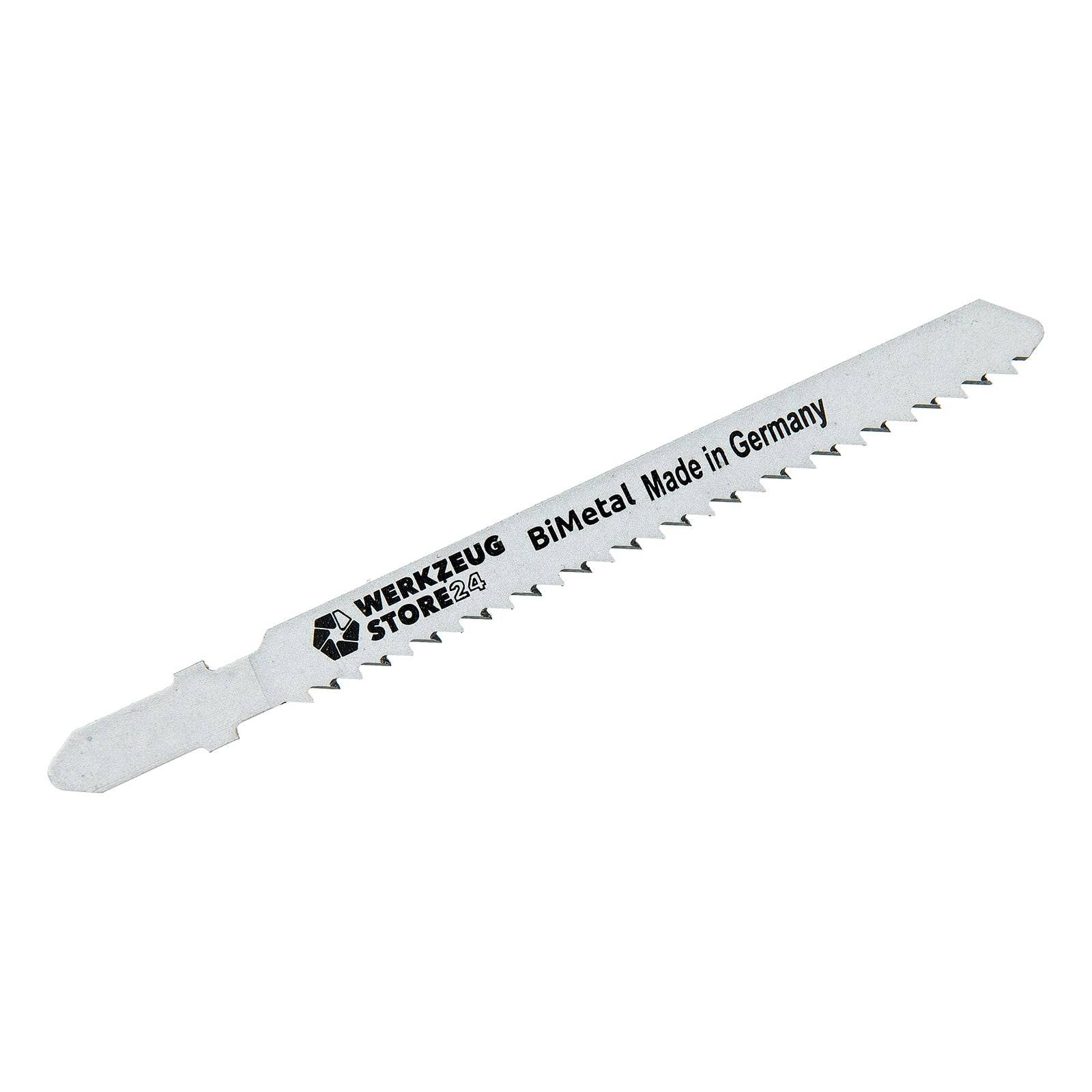 Ein silberner Bimetall-Sägeblatt mit der Aufschrift: Werkzeug Store24, BiMetal, Made in Germany.