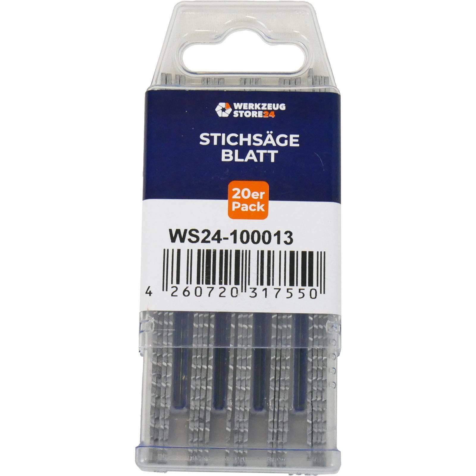 Packung 'Stichsäge Blatt', enthält Barcode und Produktcode WS24-100013, gekennzeichnet als '20er Pack.