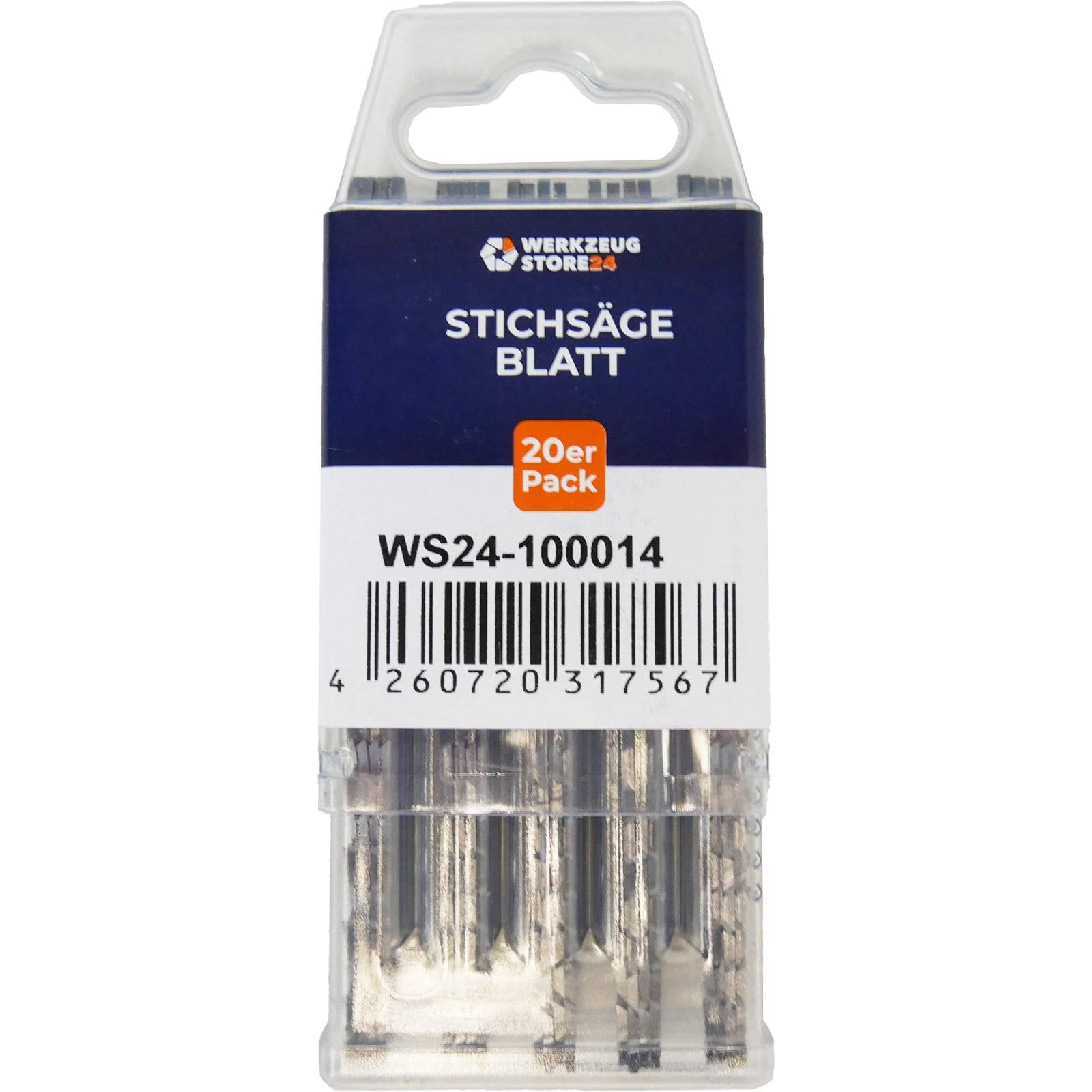 Stichsägeblatt-Packung mit 20 Stichsägeblättern. Die Verpackung enthält einen Strichcode und die Produktnummer WS24-100014.