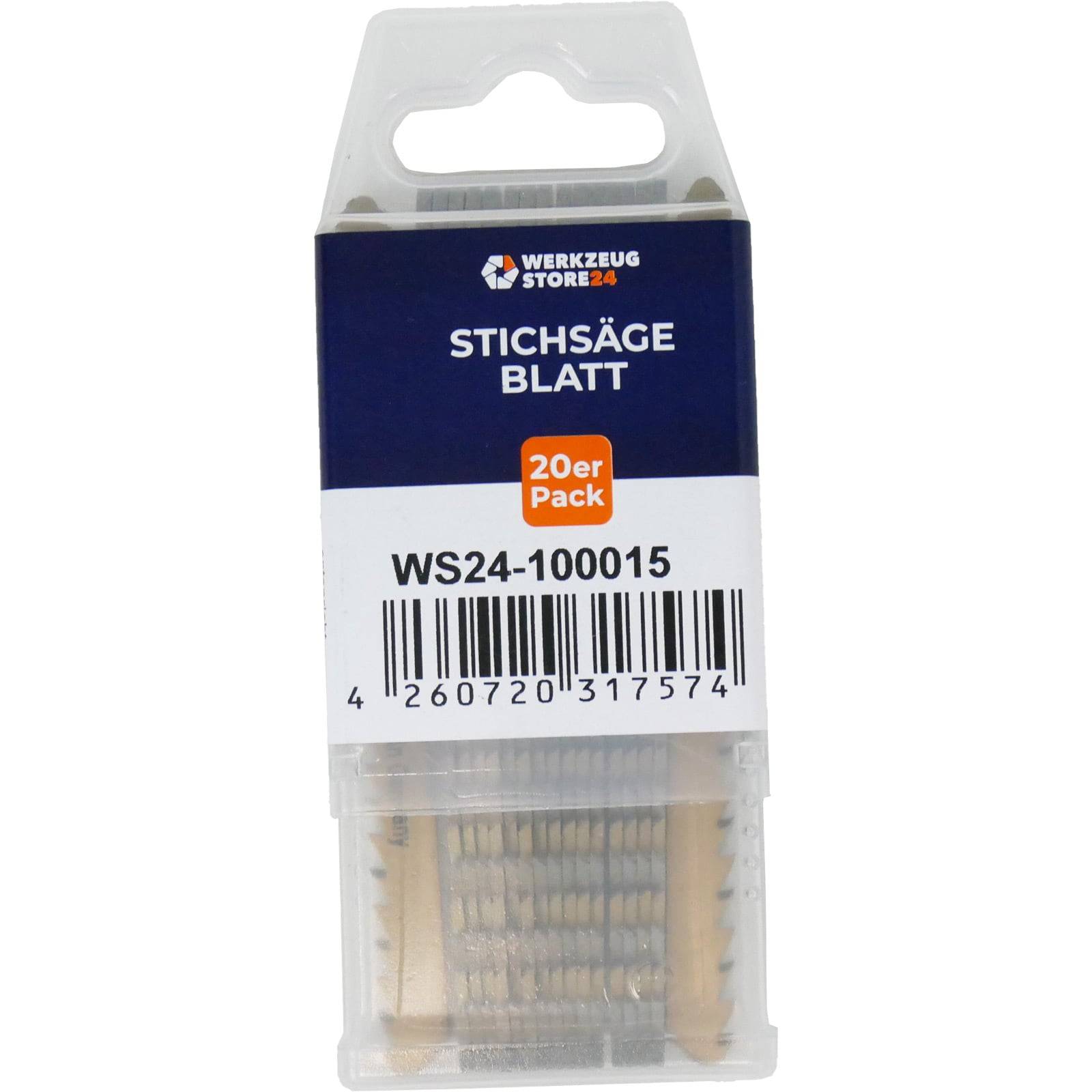 Stichsägeblatt 20er-Pack in einem Behälter für Stichsägeblätter, mit Barcode und Produktcode 'WS24-100015' auf der Verpackung.