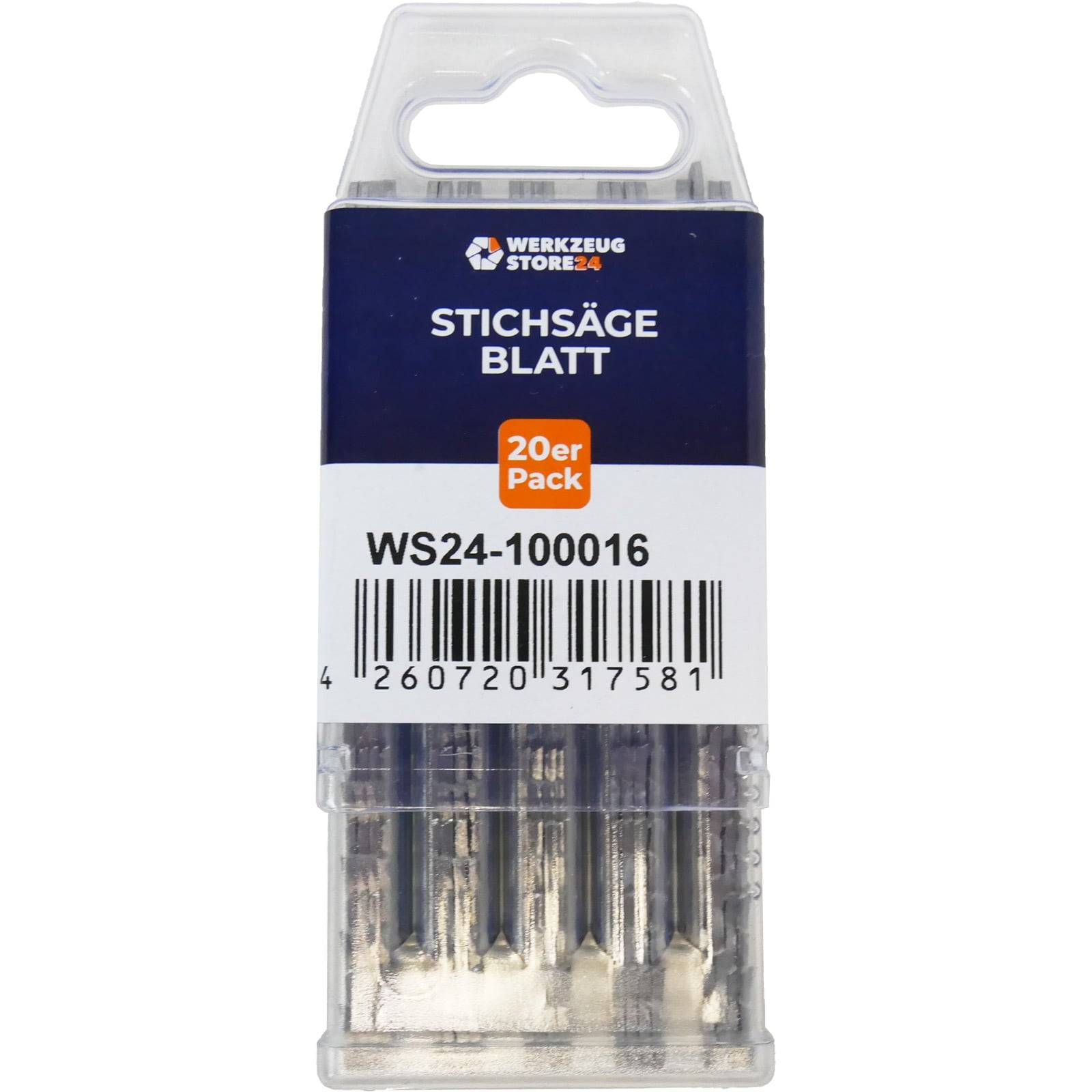 Paket von Stichsägeblättern mit der Beschriftung 'Stichsäge Blatt', 20 Stück, Produktcode WS24-100016.