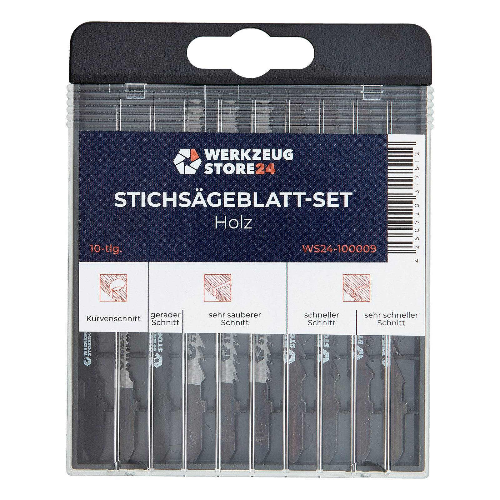 Stichsägeblatt-Set Holz, bestehend aus 10 Sägeblättern mit Kennzeichnungen für verschiedene Schnittarten, in einer Kunststoffbox.