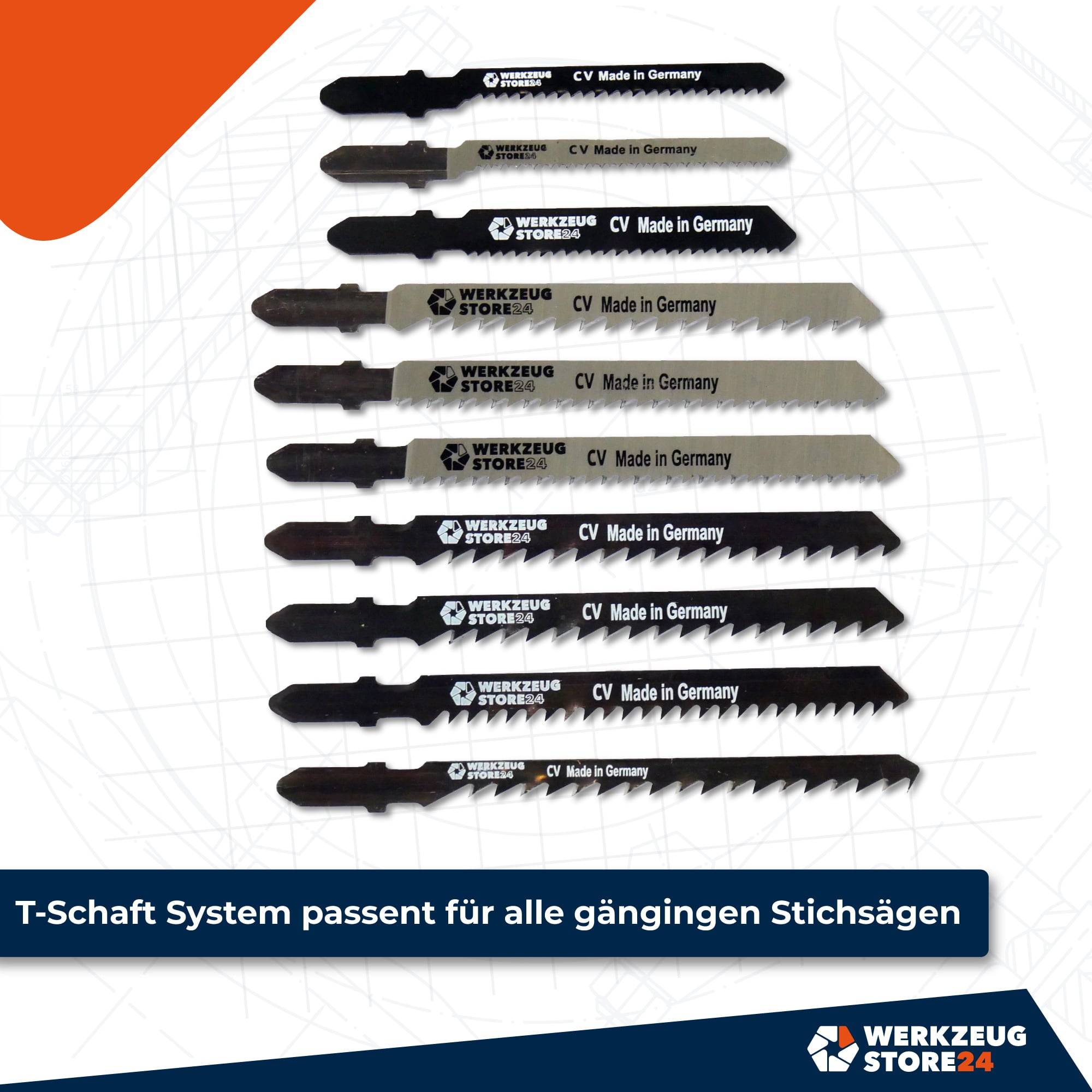 Ein Satz von zehn verschiedenen Stichsägeblättern, vertikal angeordnet; Text liest sich 