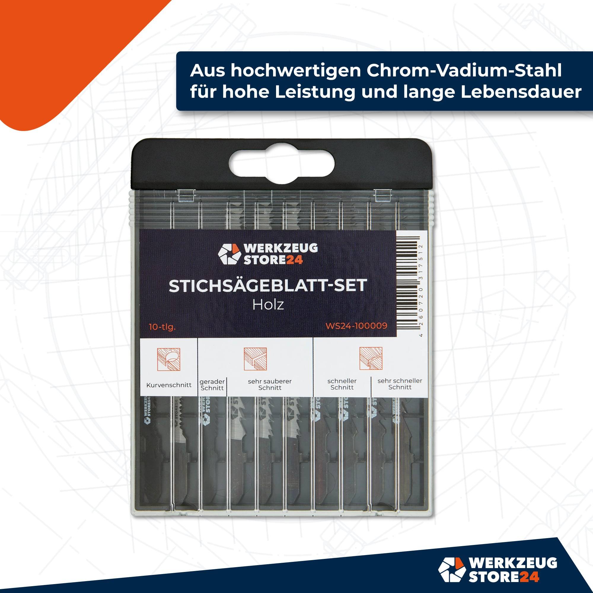 Die Abbildung zeigt eine Stichsägeblatt-Set-Verpackung für Holz. Sie enthält 10 Stücke mit unterschiedlichen Spezifikationen. Oben auf der Verpackung befindet sich ein Text auf Deutsch, der die Materialqualität hervorhebt.