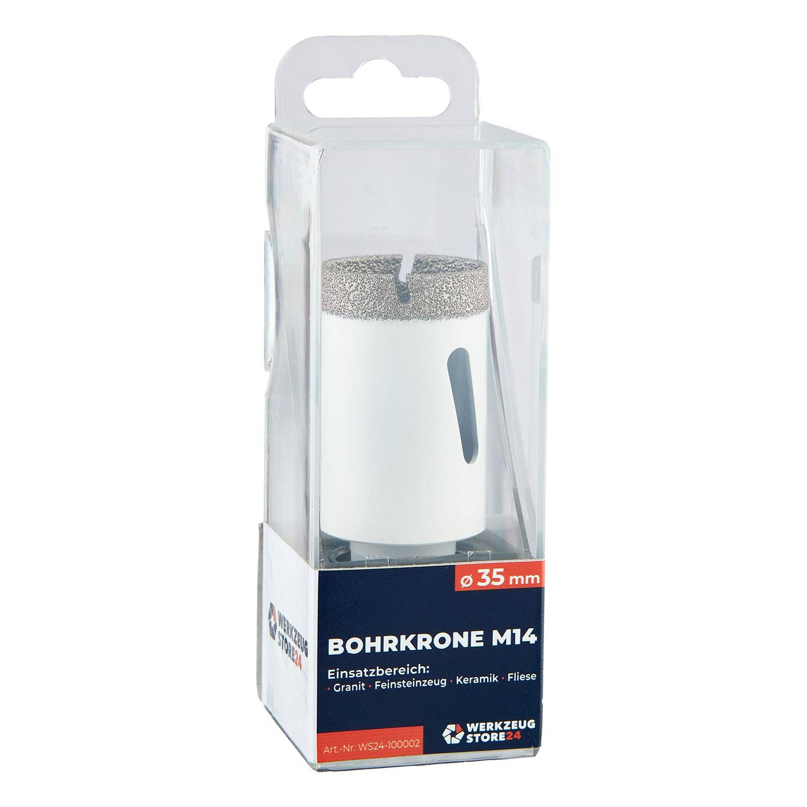 Diamantbohrer, 35 mm, verpackt, beschriftet mit 'Bohrkrone M14'. Geeignet für Granit, Keramik, Fliesen. Marke: Werkzeug Store.