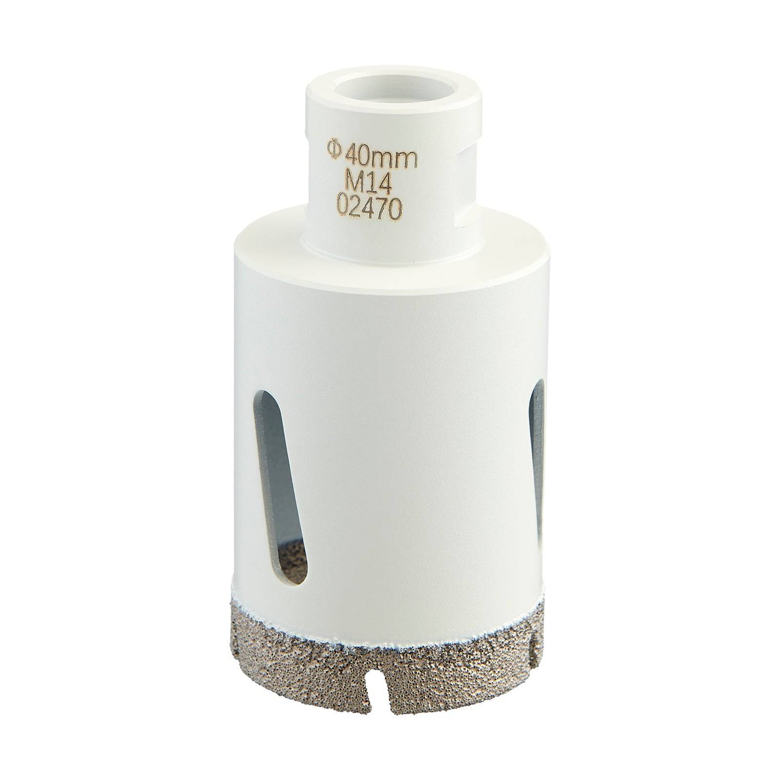 Ein weißer zylindrischer Lochsägeaufsatz mit Körnerkante, zum Schneiden konzipiert, mit der Beschriftung 'Φ 40mm M14 02470'.