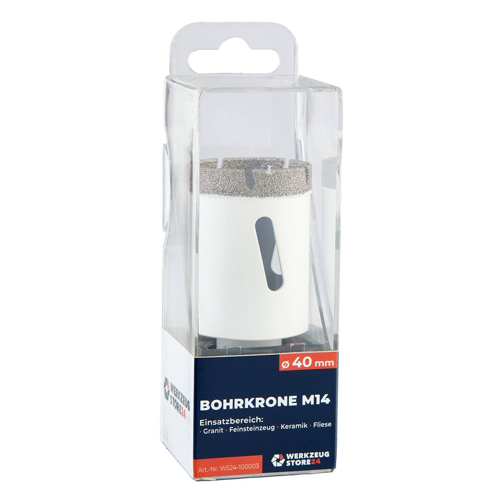 Ein 40-mm-Diamantbohrer in durchsichtiger Verpackung, beschriftet mit 