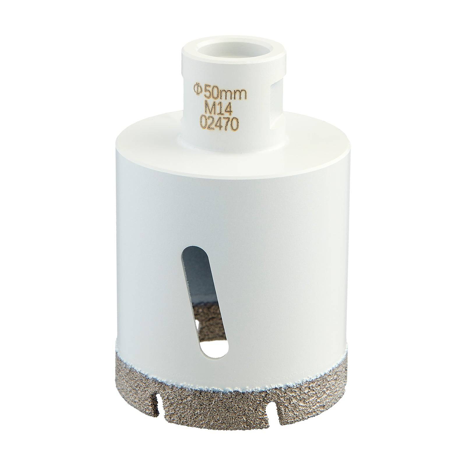 Ein weißer Diamant-Kernbohrer mit 50 mm Durchmesser, M14-Gewinde, entwickelt zum Schneiden von Materialien wie Fliesen und Glas.