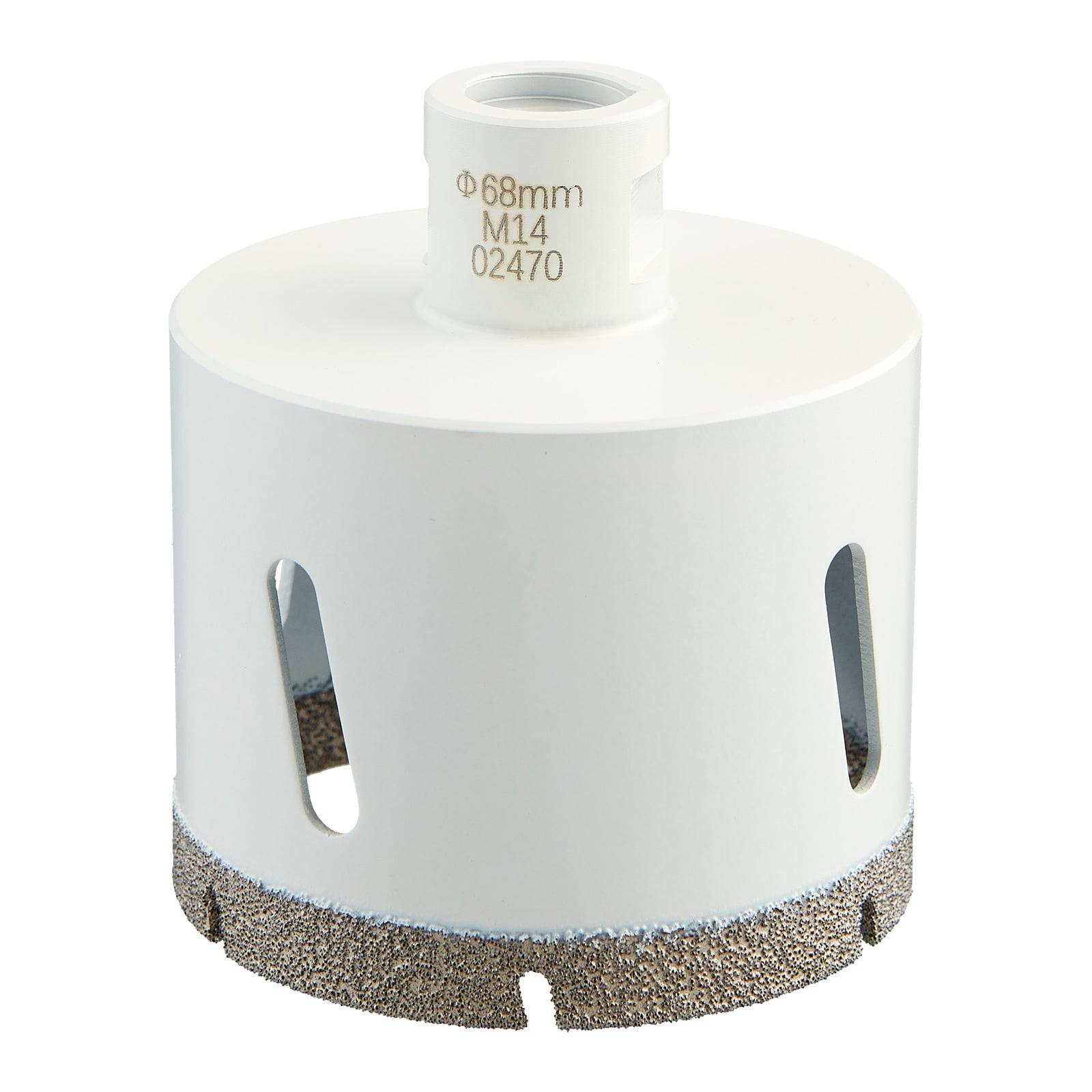 Ein weißer Diamantlochsägeaufsatz mit einem Durchmesser von 68 mm und M14-Gewinde, dargestellt mit sichtbaren Schneidkanten an der Basis zum Bohren harter Materialien.