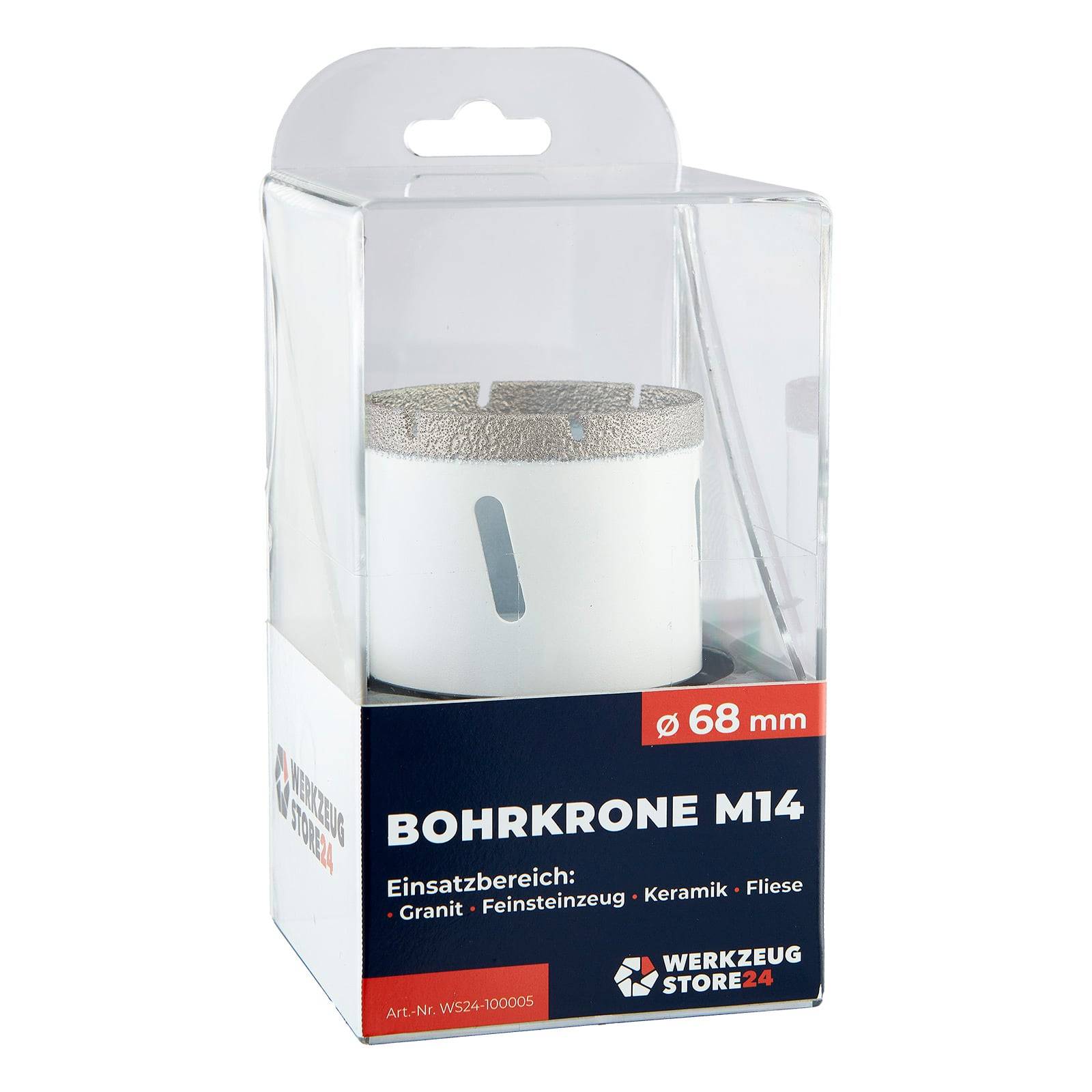Bohrkrone M14 in Verpackung; zum Einsatz für Granit, Keramik, Fliesen. Durchmesser 68 mm. Marke: Werkzeug Store24. Artikelnummer WSZH-100005.