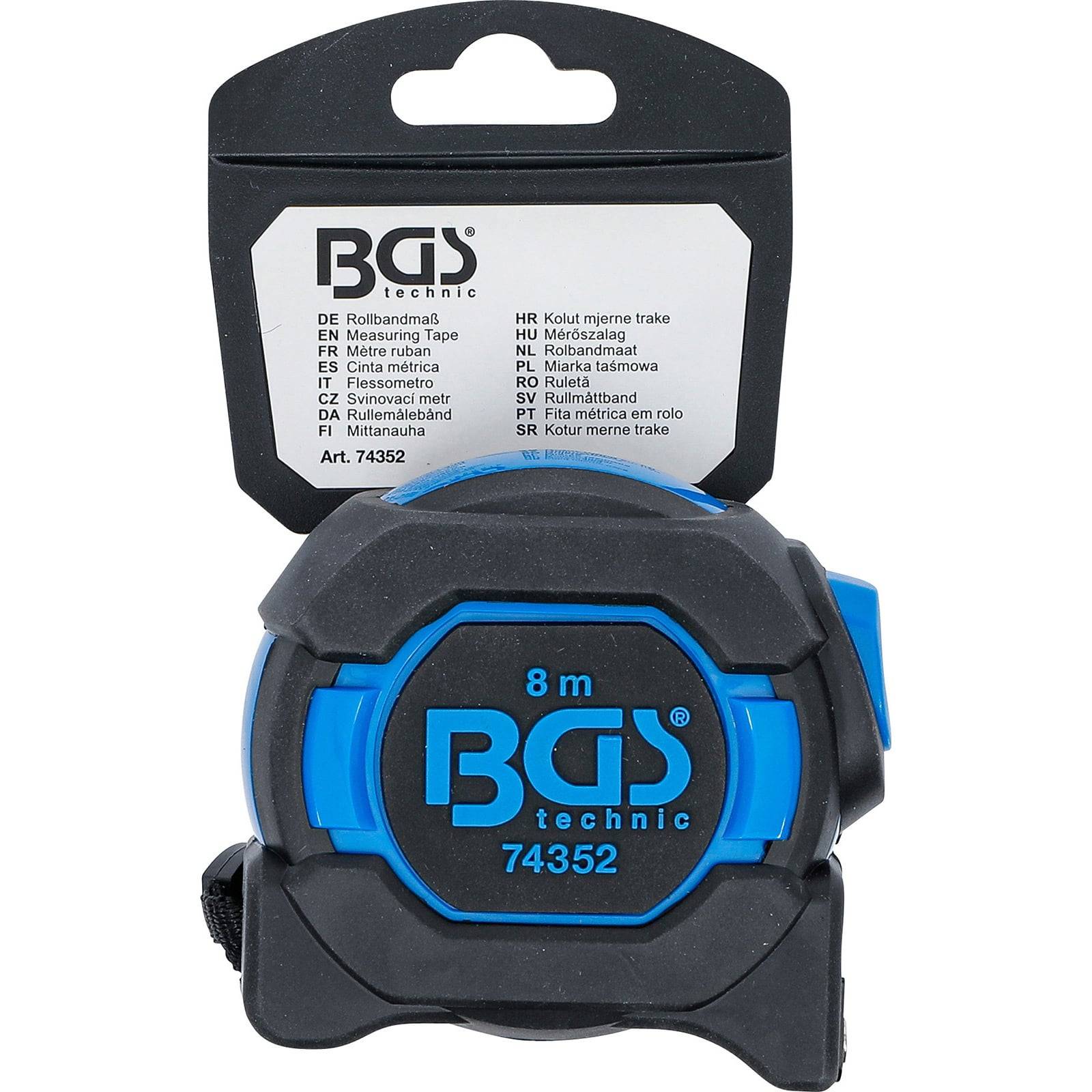Blaues und schwarzes BGS 8-Meter-Maßband mit mehrsprachiger Beschriftung auf der Verpackung.