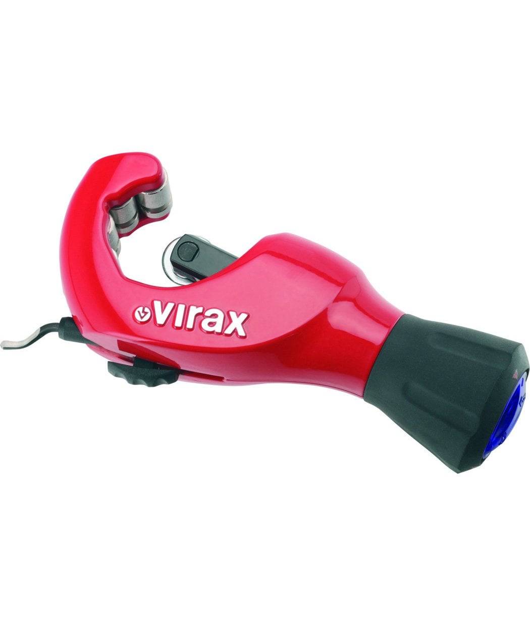 Ein roter Virax-Rohrabschneider mit schwarzem Griff, entwickelt zum Schneiden von Metallrohren, ausgestattet mit einem einstellbaren Schneidrad und ergonomischem Design.