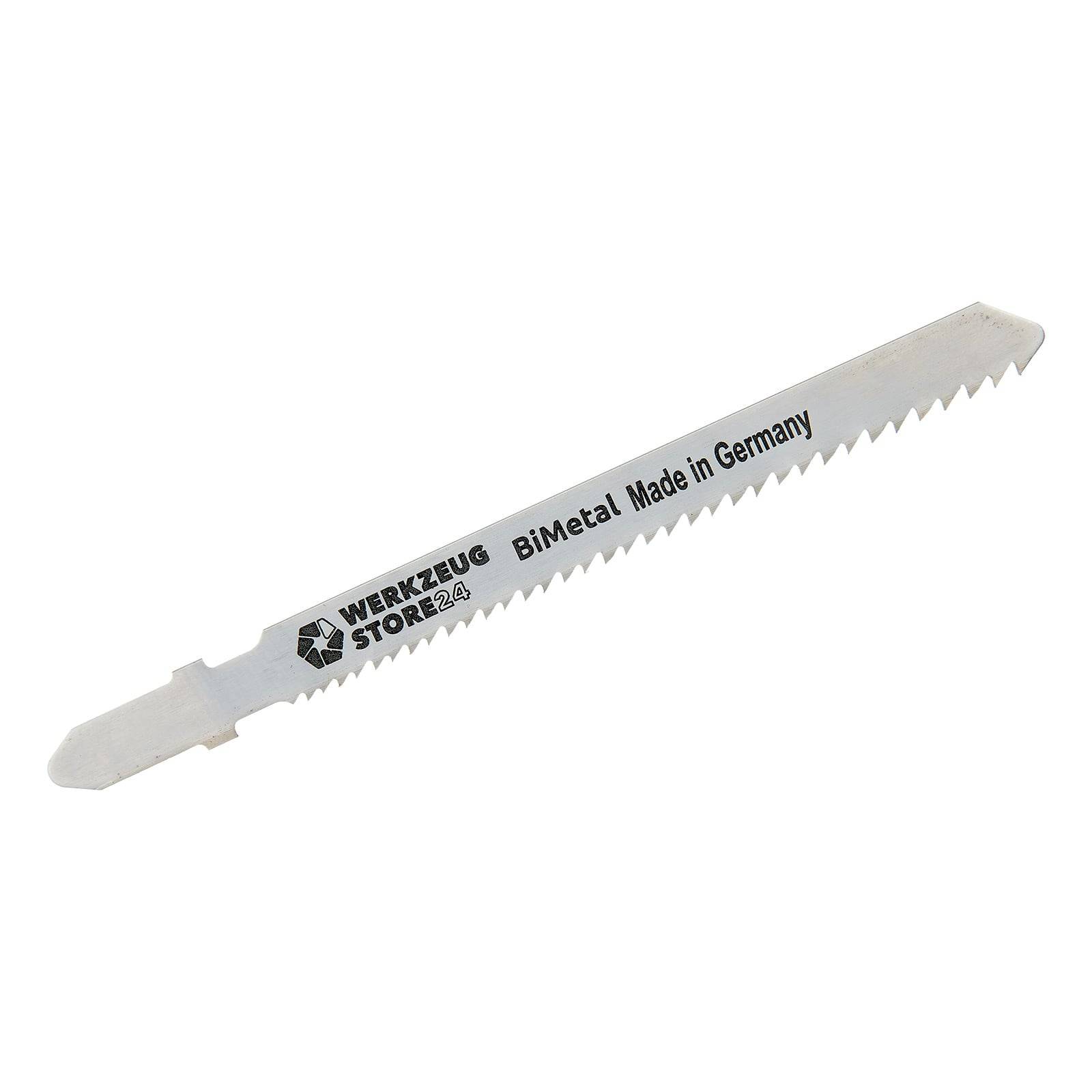 Ein Bi-Metall-Sägeblatt mit feinen Zähnen, gekennzeichnet mit 'WERKZEUG STORE24 BiMetal Made in Germany'. Verwendet für präzise Schneidaufgaben.