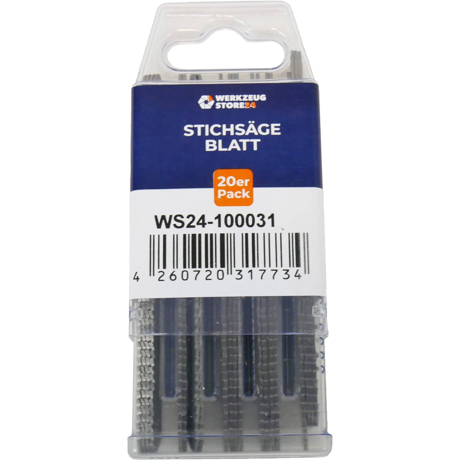 Packung mit 20 Sägeblättern mit der Beschriftung 'Stichsäge Blatt', versehen mit der Artikelnummer 'WS24-100031' und einem Barcode am unteren Rand.