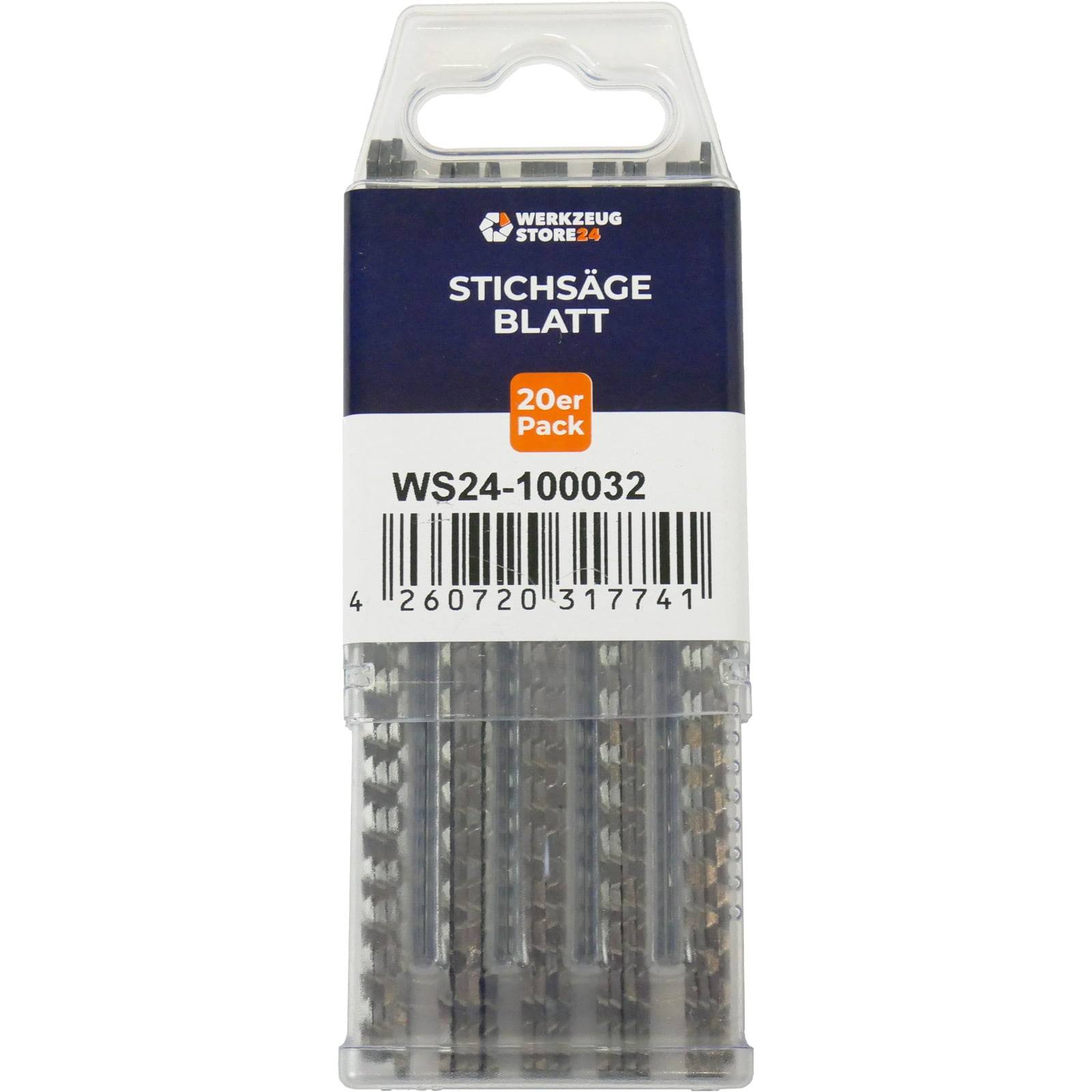 20er Pack Stichsägeblätter in transparenter Aufbewahrungsbox, beschriftet mit 'STICHSÄGEBLATT', '20er Pack', Modell 'WS24-100032', mit Barcode am unteren Rand.