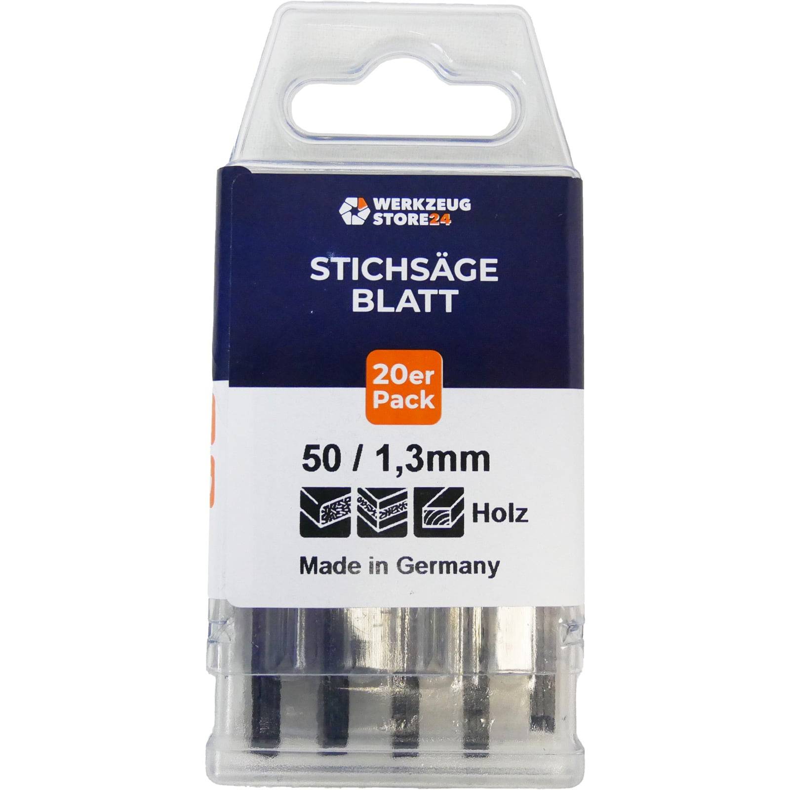 Packung mit 50 Stichsägeblättern, 1,3 mm Dicke, für Holz. Etikett zeigt 'Made in Germany' mit Abbildungen verschiedener Sägeblattypen und Verpackungsdetails.