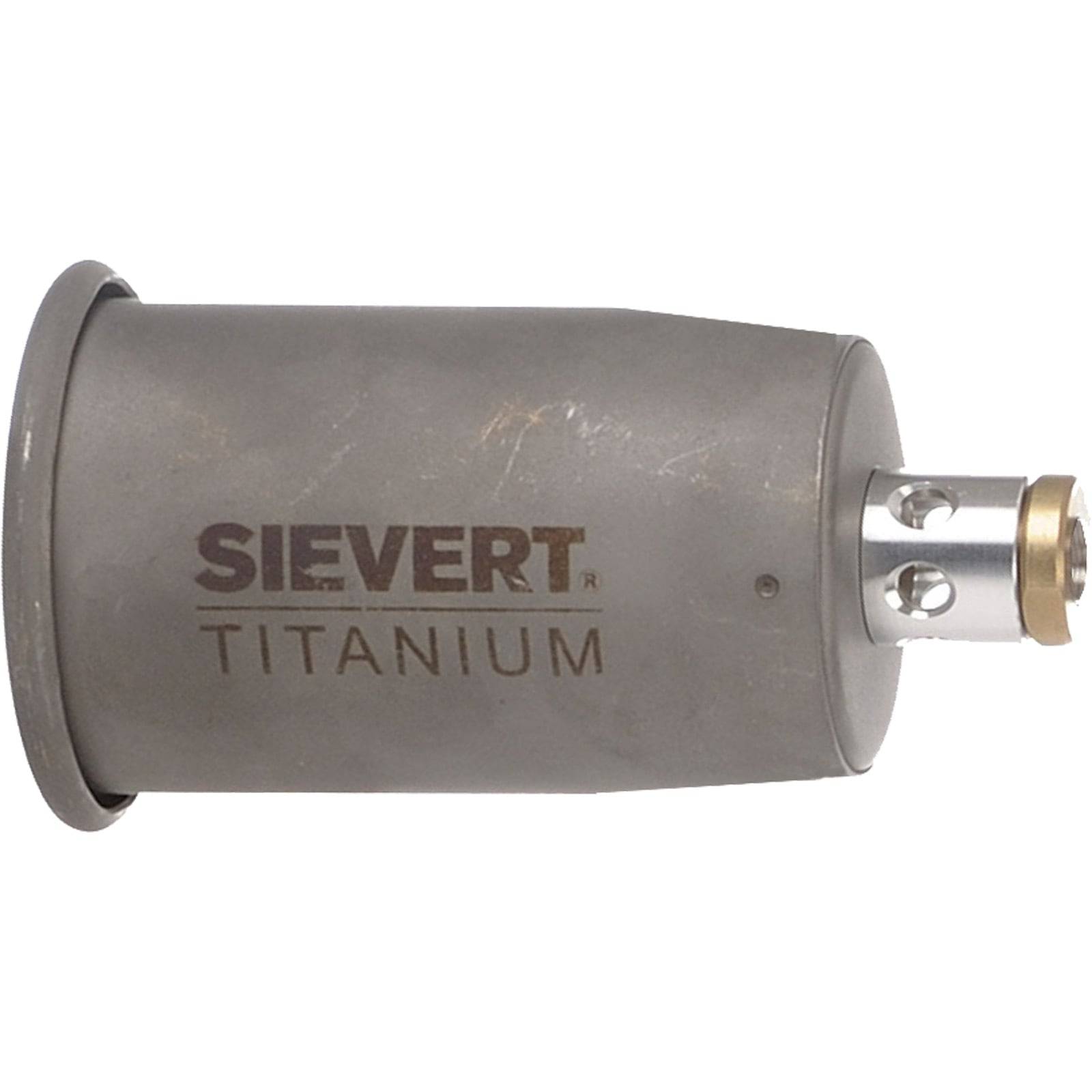 Eine Titanbrennerspitze mit dem Aufdruck 'SIEVERT TITANIUM' an der Seite, ausgestattet mit Metallkomponenten und einer zylindrischen Form.