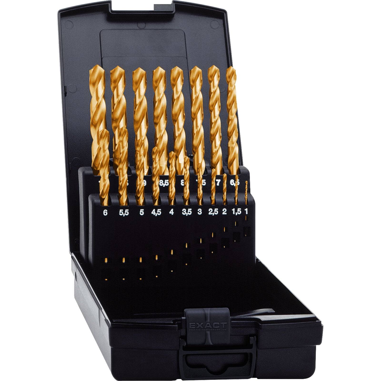 Eine schwarze Kunststoffbox mit einem vollständigen Satz goldfarben Bohrern, von Größen 1,5 bis 6,5, in aufsteigender Reihenfolge sortiert.