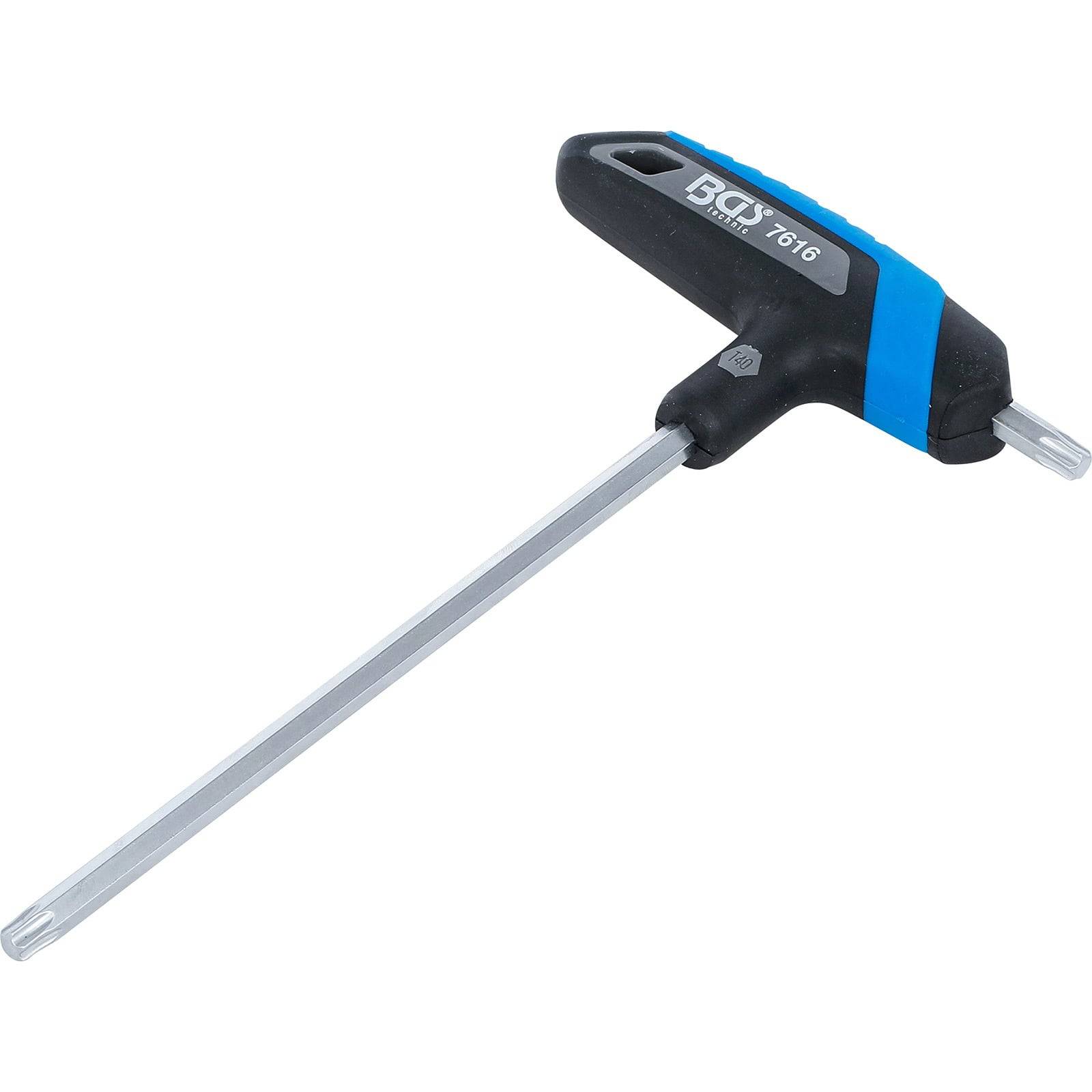 T-Griff-Torx-Schlüssel mit blau-schwarzem Griff, beschriftet mit T6, zum Anziehen oder Lösen von Torx-Schrauben.