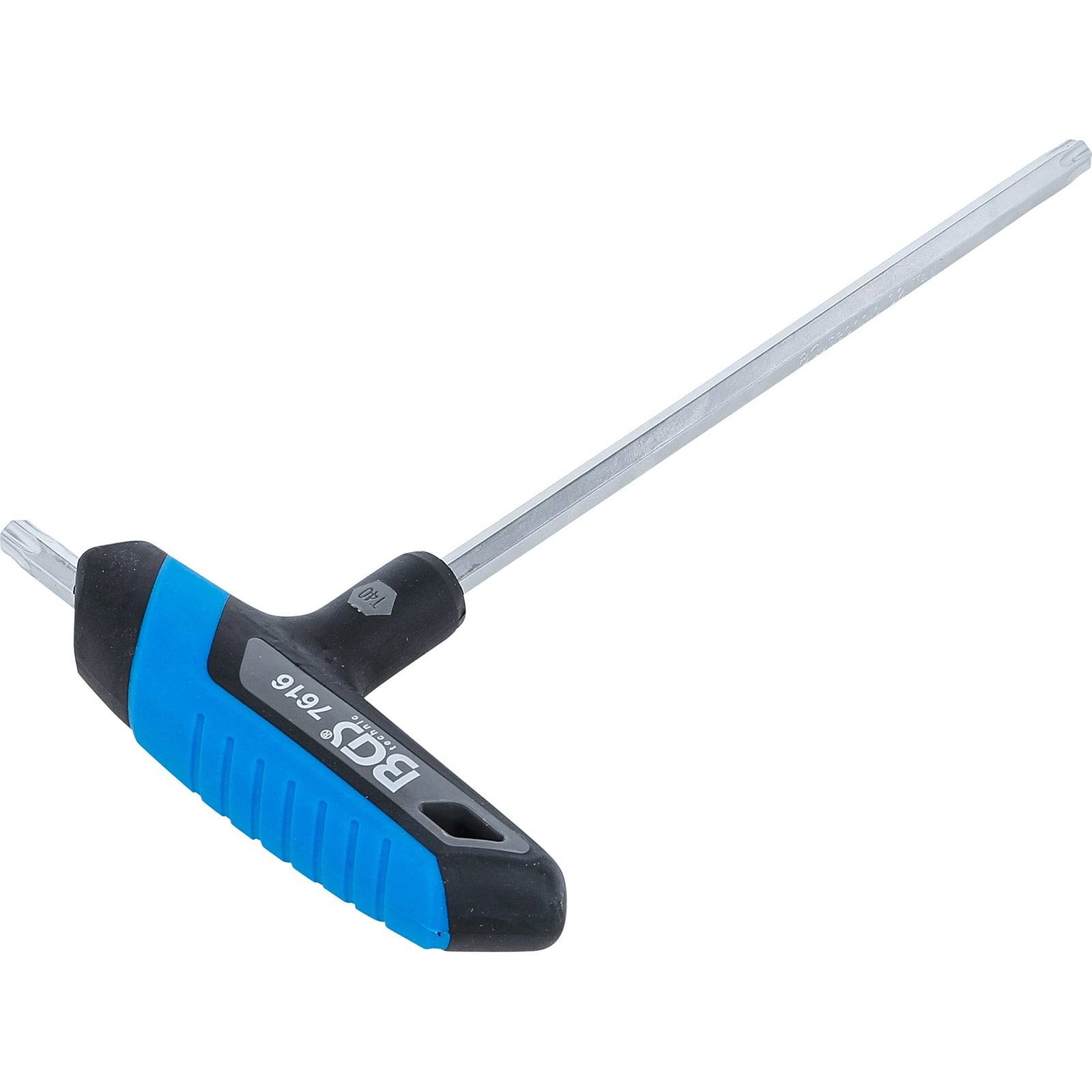Ein blau-schwarzer T-Griff-Sechskantschlüssel mit einer langen Metallachse lehnt vor einem einfarbigen weißen Hintergrund.