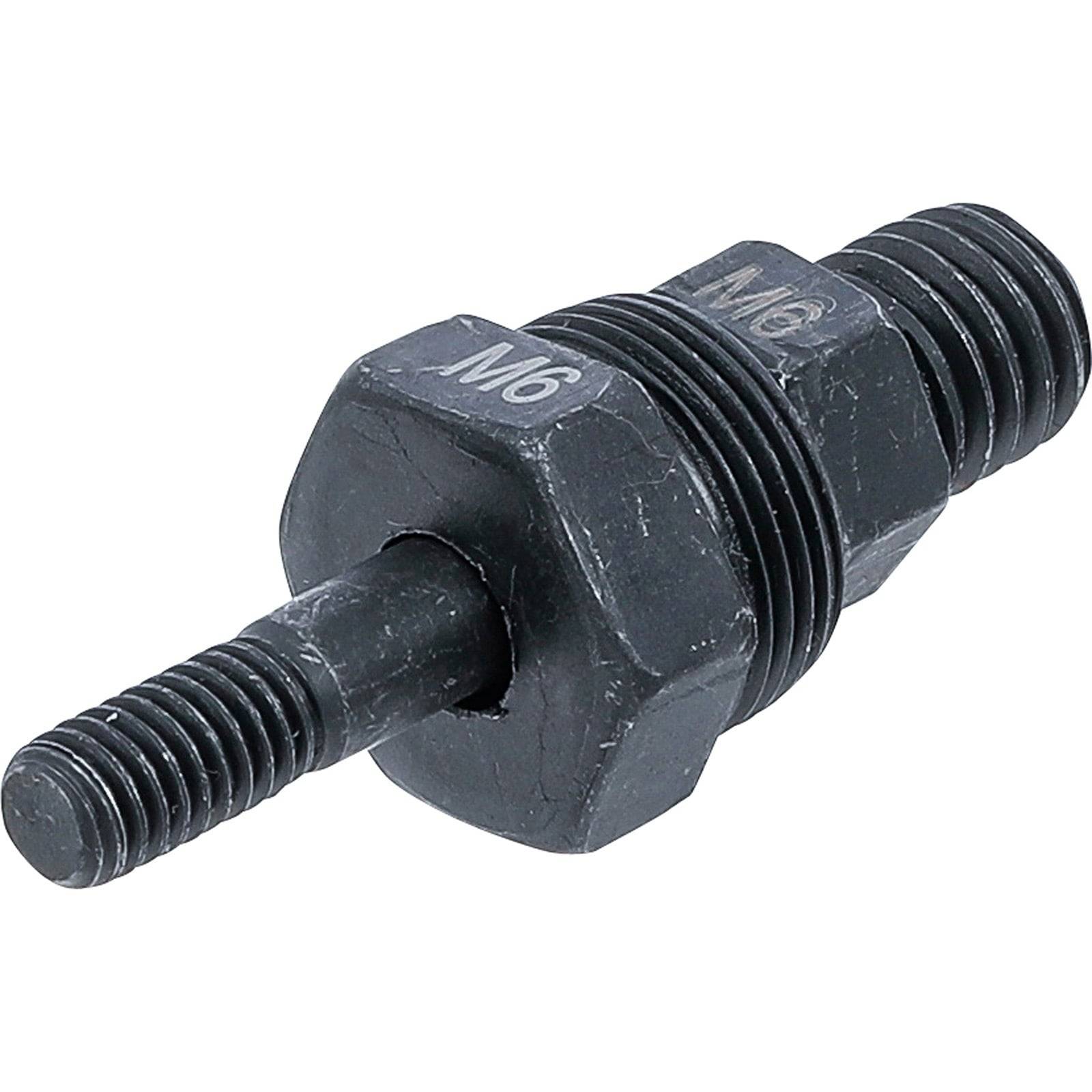 Eine schwarze, beidseitig gewindete M6-Schraube mit sechseckigem Mittelabschnitt, die zur mechanischen Befestigung im Bau- oder Maschinenwesen verwendet wird.