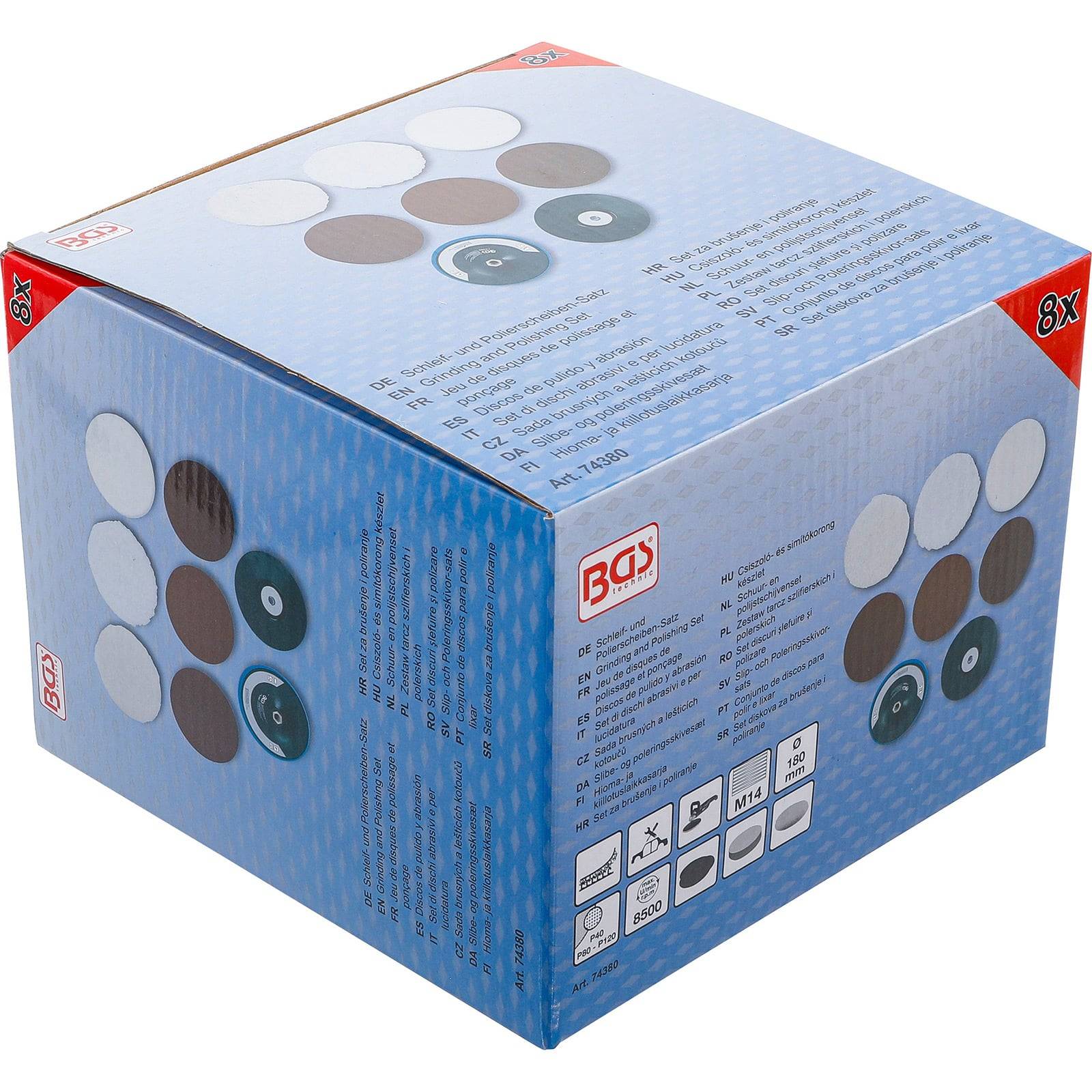 Schachtel mit selbstklebenden Schleifscheiben in verschiedenen Körnungen und Größen, die auf der Verpackung ausgestellt sind. Markenzeichen und Produktdetails sind sichtbar.