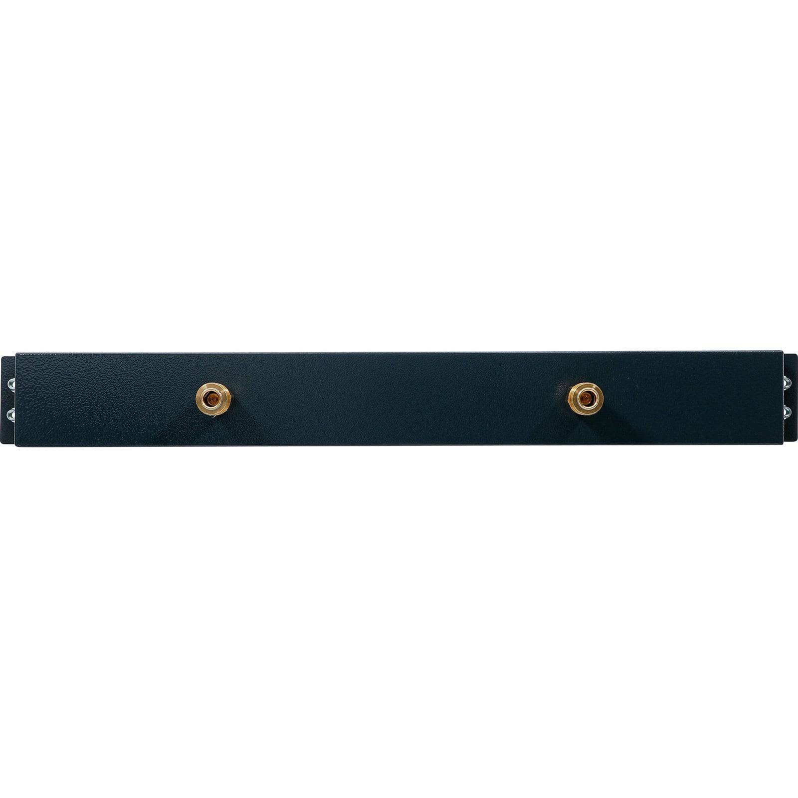 Eine schwarze Metallstange mit zwei horizontal ausgerichteten hervorstehenden Goldanschlüssen.