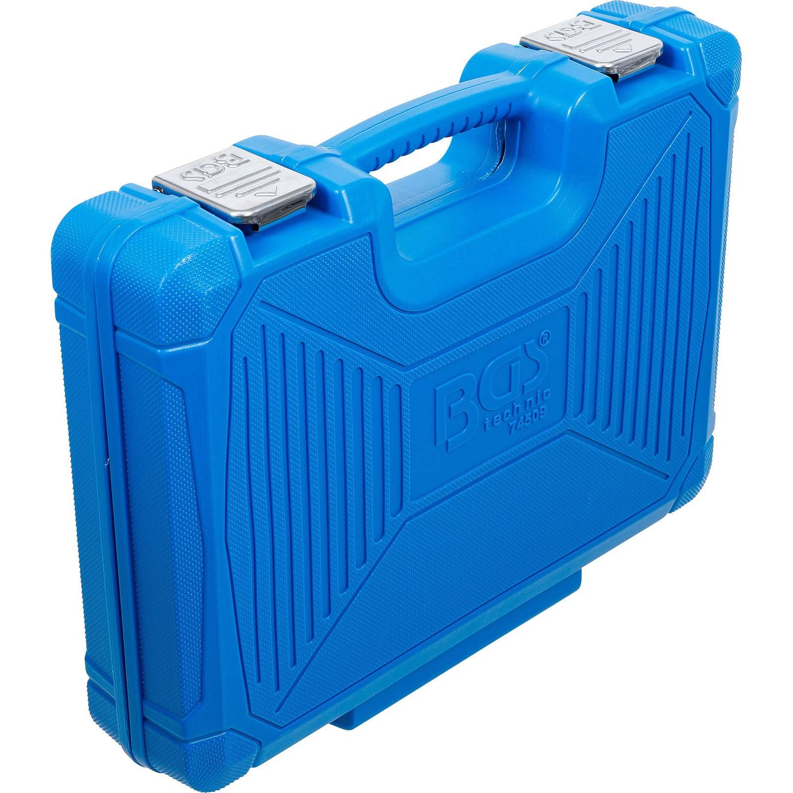 Ein heller blauer, harter Kunststoffkoffer mit Griff und Metallverschlüssen, gekennzeichnet mit 'BGS Technic Tools'.
