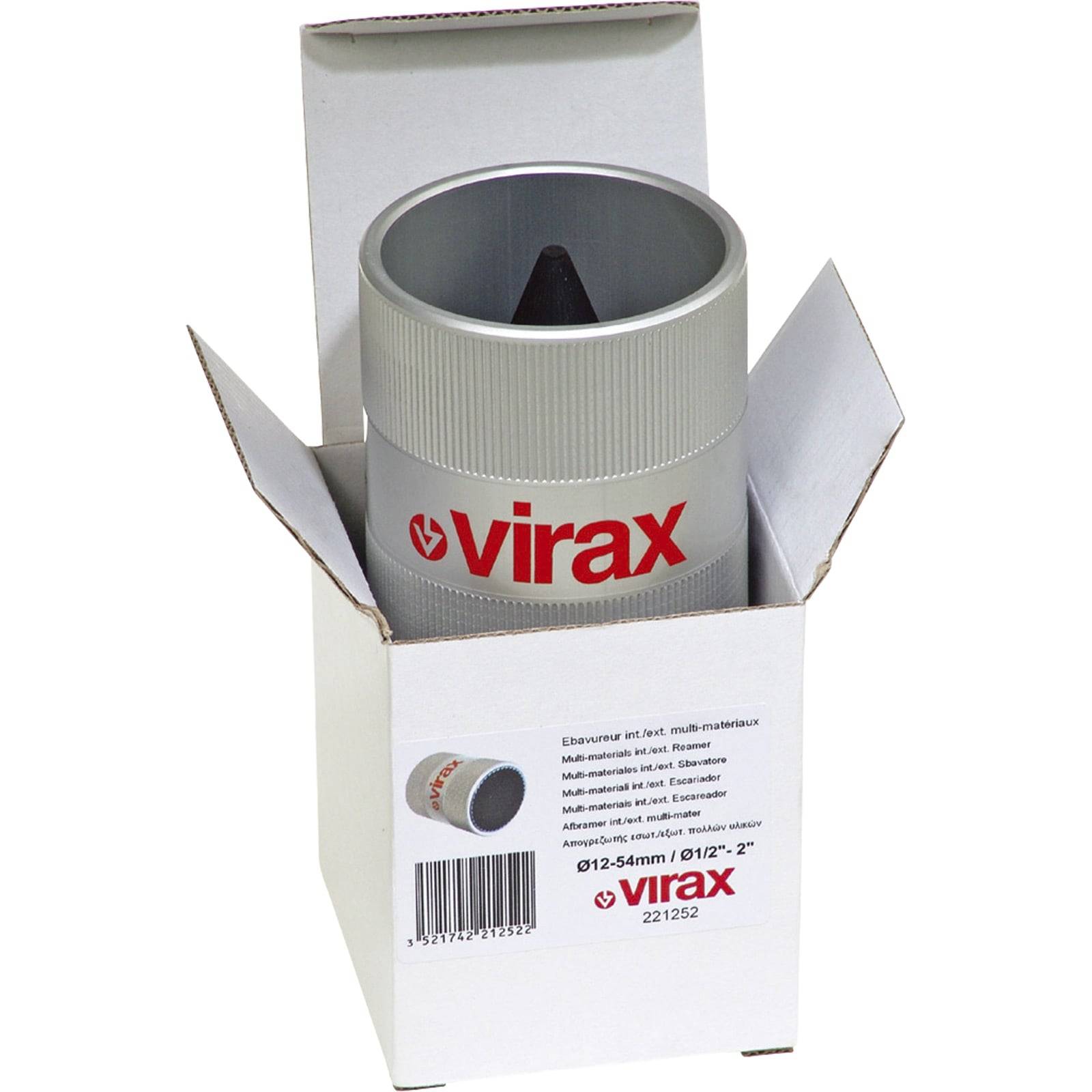 Ein 'Virax' Metall-Entgratungswerkzeug, teilweise aus einer weißen Verpackung herausragend, mit sichtbarem Produktetikett und einem schwarzen Barcode.