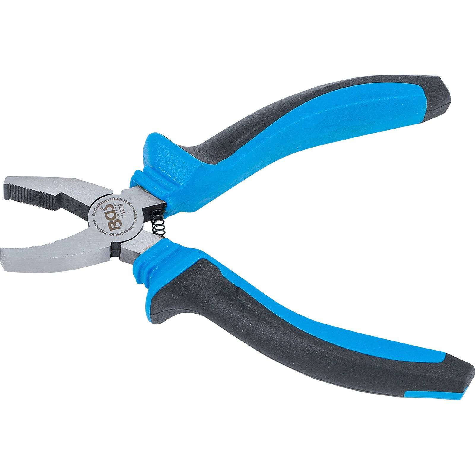 Blau-griffige Zange mit Metallgriff und Federmechanismus, die üblicherweise zum Greifen und Schneiden von Drähten verwendet wird.