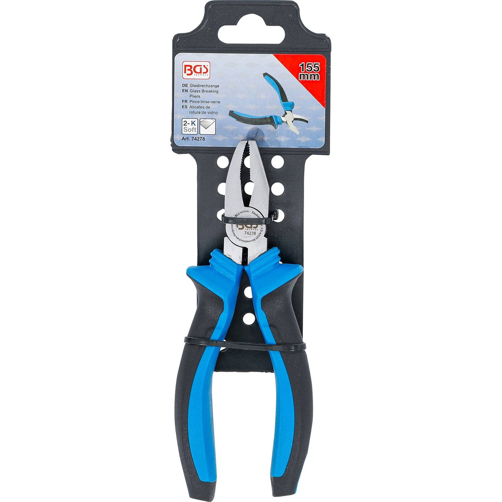 Ein Paar blaue und schwarze Zangen ist auf einem schwarzen Halter verpackt, mit einem Etikett, das Produktinformationen und die Maßangabe '155 mm' zeigt.