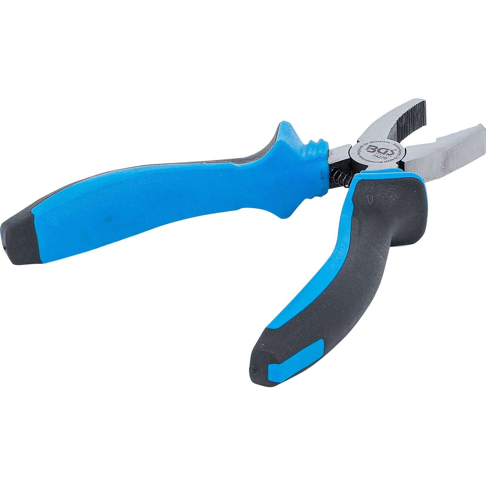 Eine blaue und schwarze Zange mit ergonomischen Griffen, die zum Greifen und Durchtrennen von Drähten verwendet wird.