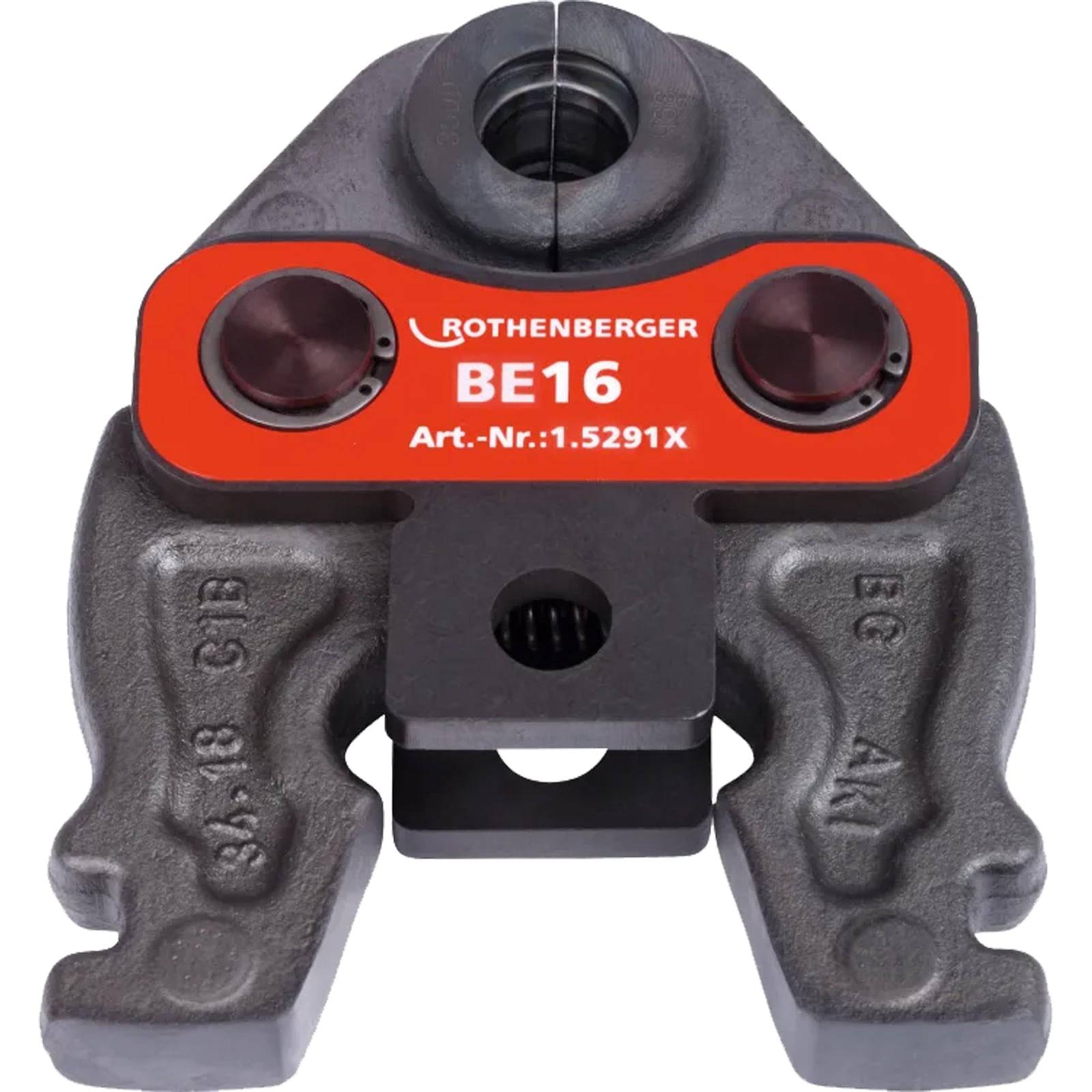 Ein 'Rothenberger BE16' Rohrpresswerk-Presswerkzeugkopf mit einem roten Etikett mit der Teilenummer '1.5291X', verwendet für Klempnerarbeiten.