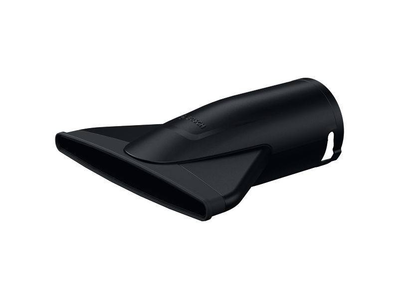 Eine schwarze Sauger-Einspritzdüse mit einer breiten, abgewinkelten Öffnung, die für die Reinigung von Polstermöbeln oder engen Bereichen entwickelt wurde.