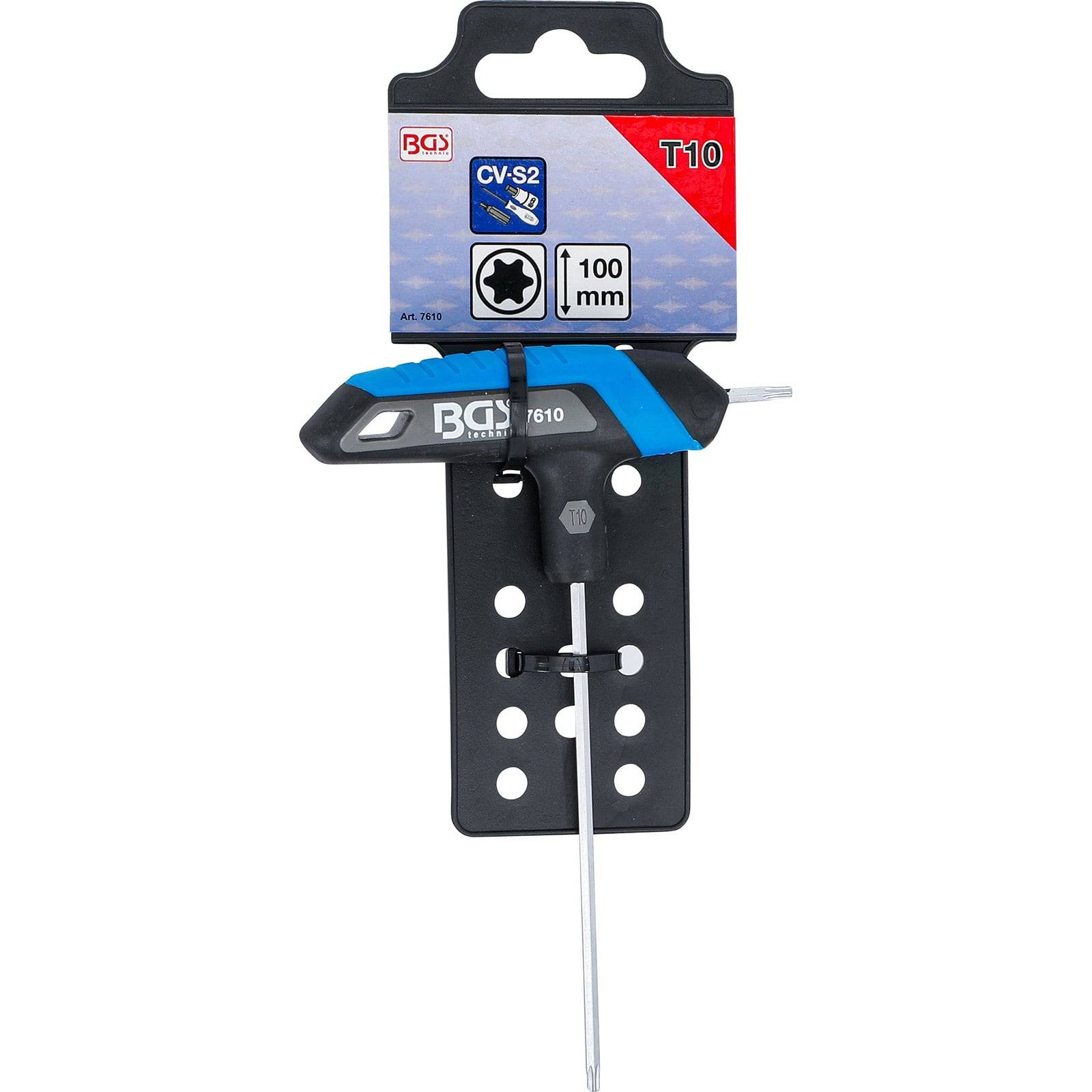 T10 Torx-Schraubendreher mit blau-schwarzem Griff, 100 mm Länge, verpackt in schwarz-weißer Verpackung mit Markenbeschriftung und Produktinformationen.
