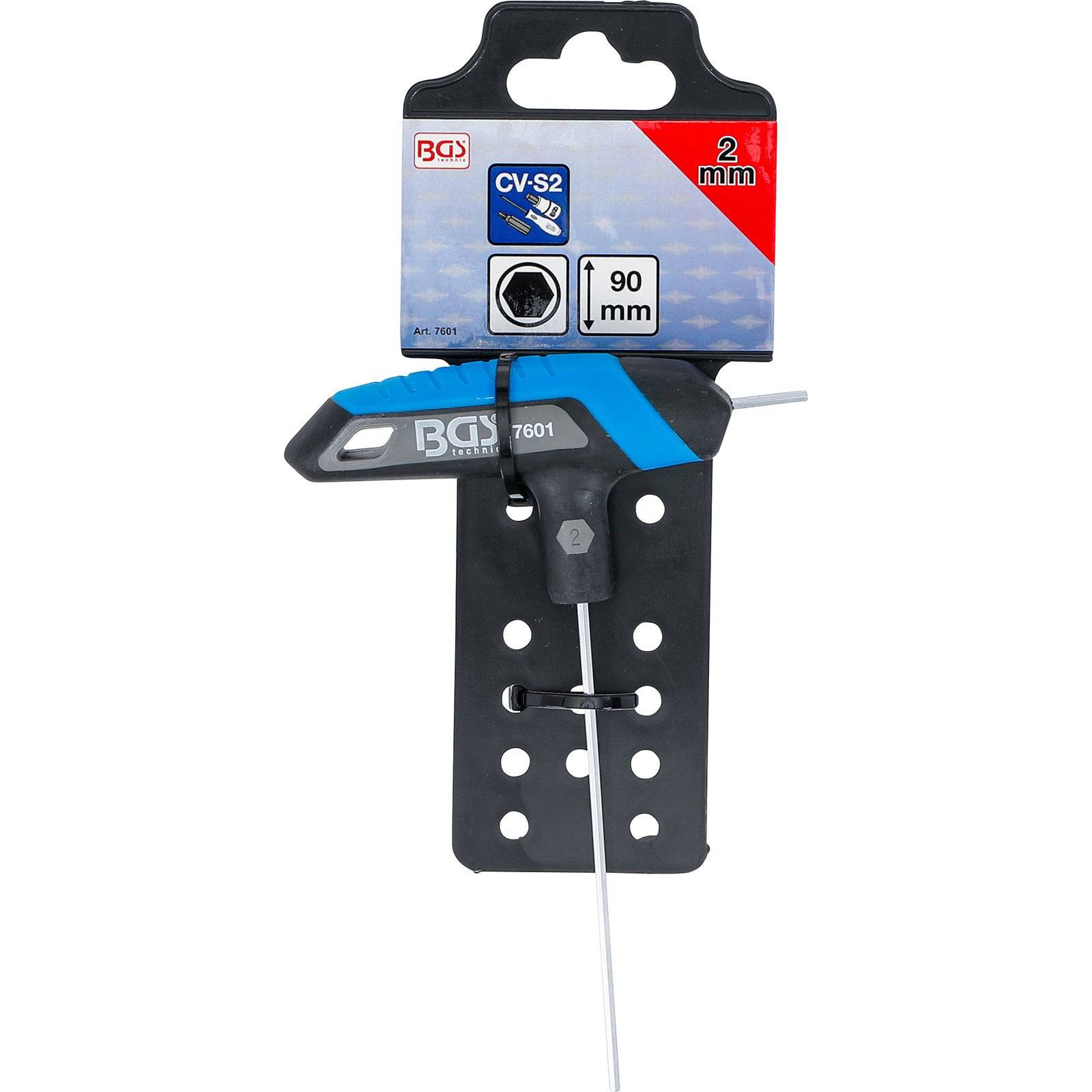 T-Griff-Innensechskantschlüssel auf einem schwarzen Halter mit blau-rotem Etikett, das 