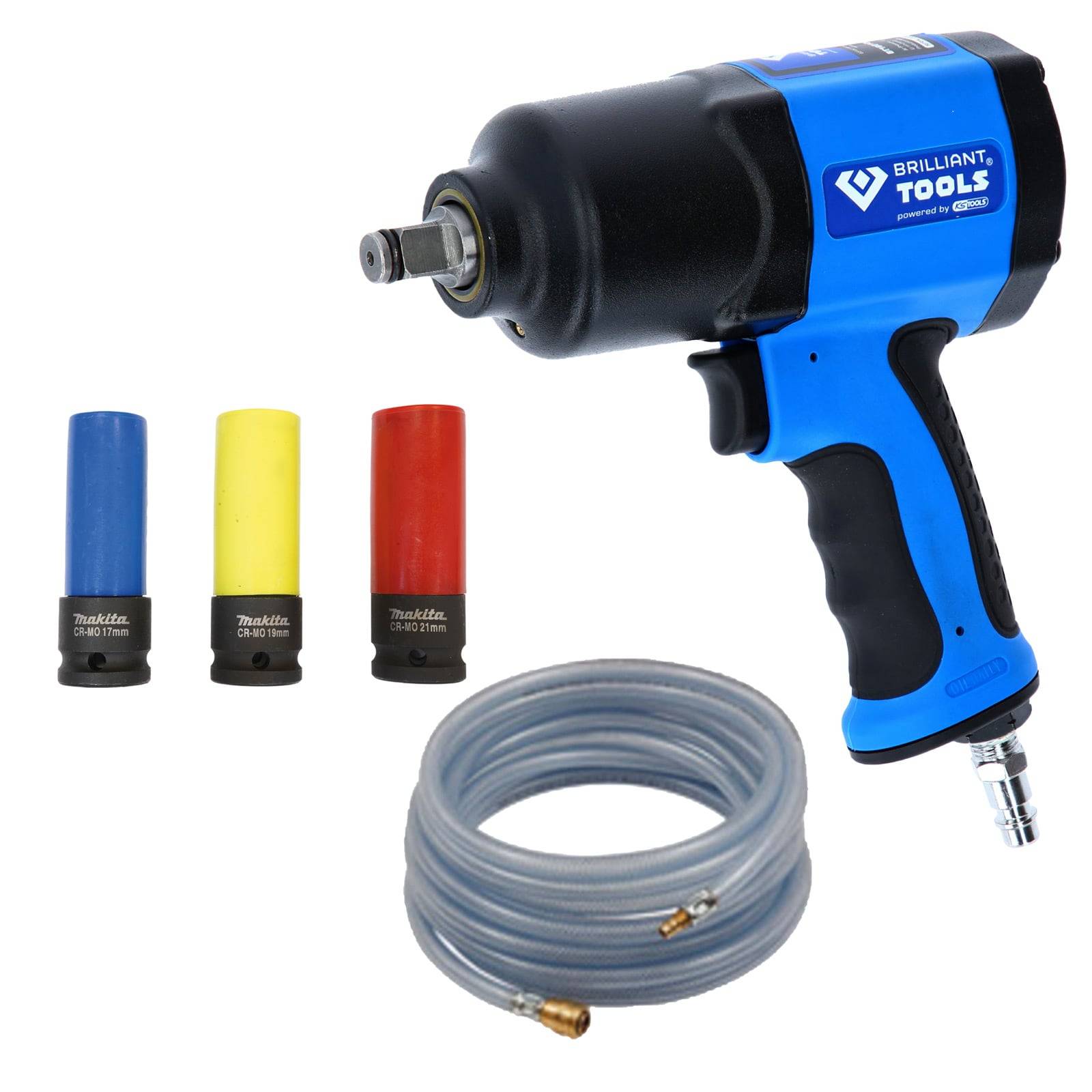 Brillantes 'TOOLS' Marken-Druckluft-Schlagschrauber mit drei farbcodierten Stecknuss-Adaptern und einem spiralförmigen Druckluftschlauch, geeignet für automotive Arbeiten.