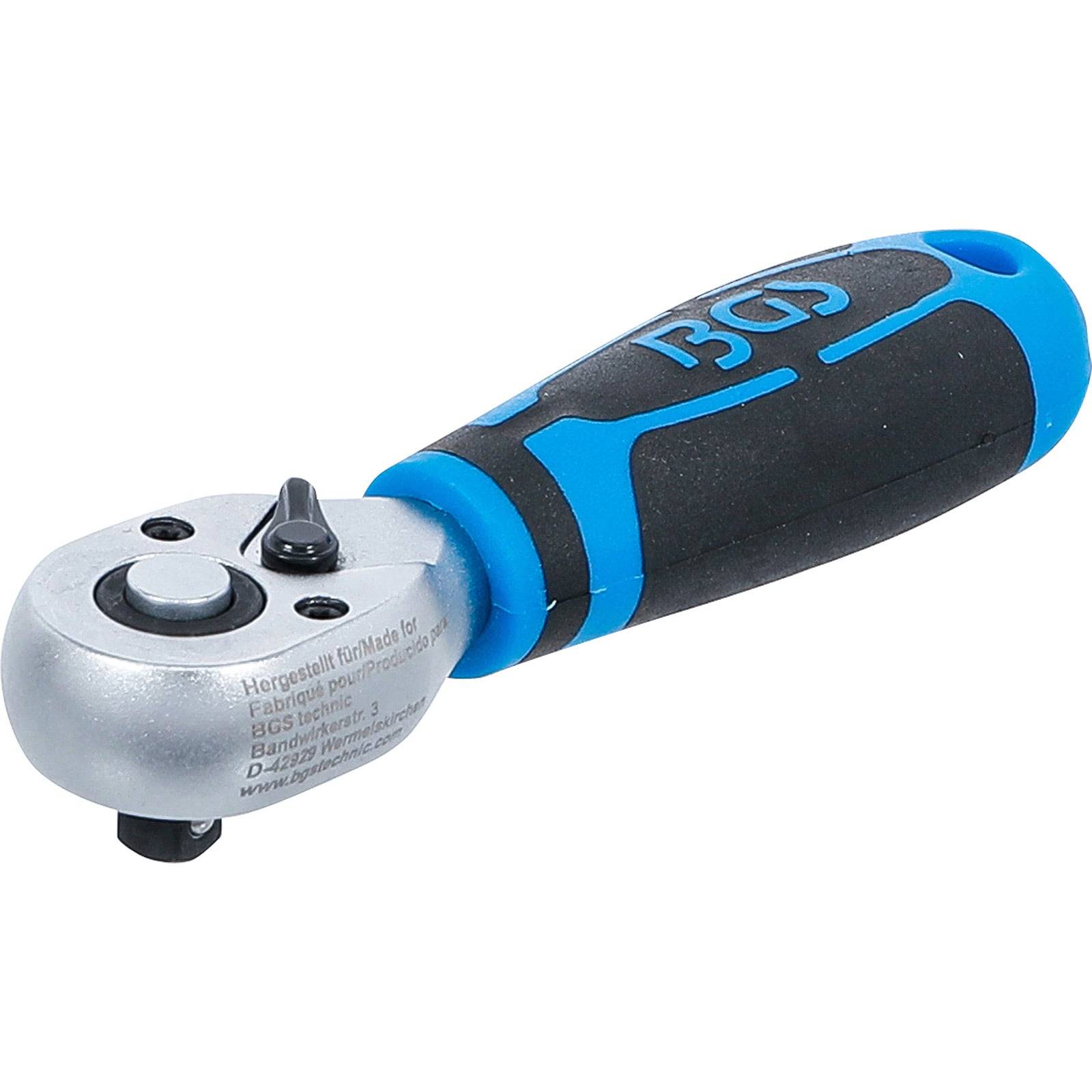 Ein silber-blauer Ratschenschlüssel mit einem gummierten Griff, verwendet zum Anziehen oder Lösen von Muttern und Schrauben.