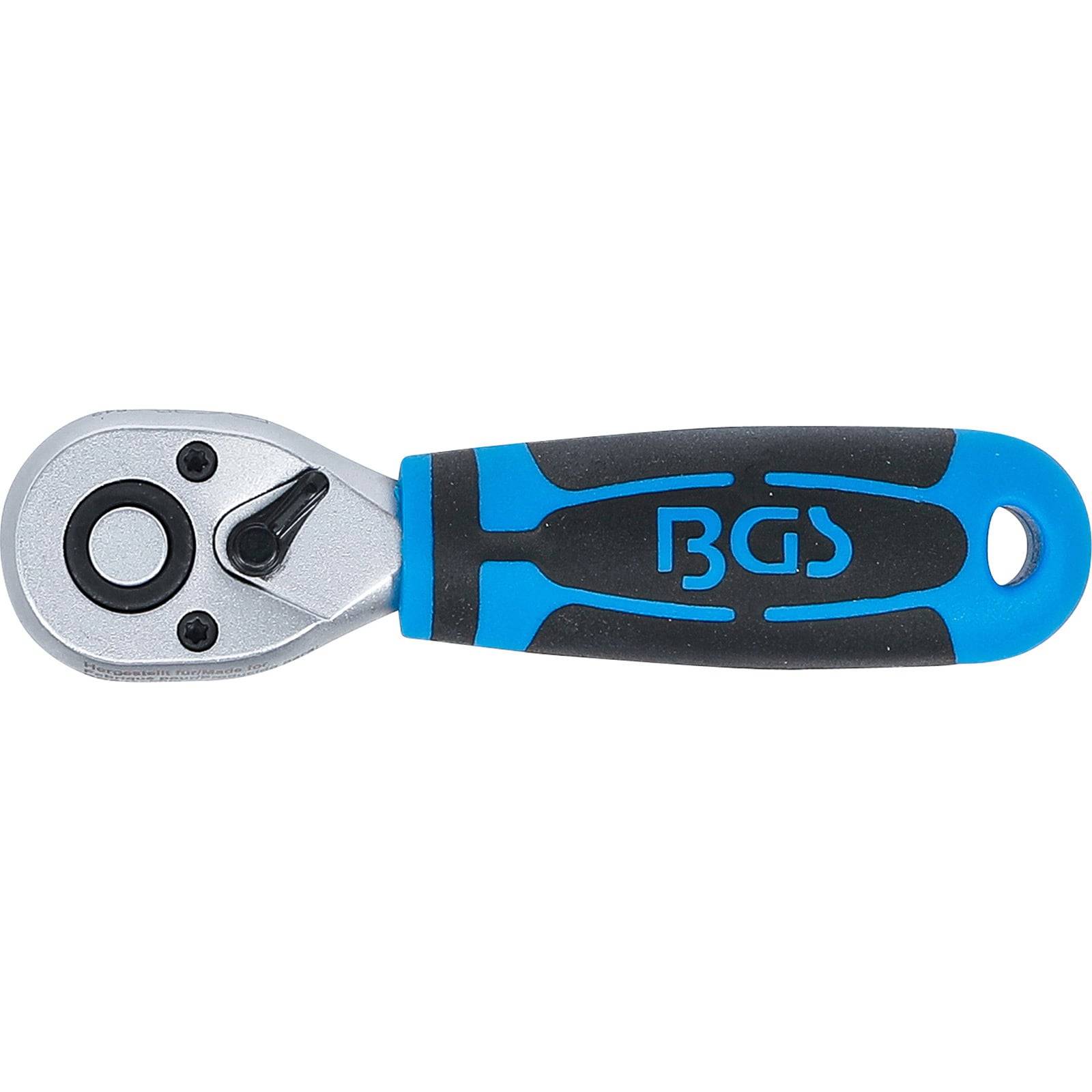 Ein blauer und schwarzer Ratschenschlüssel mit der Aufschrift 'BGS' am Griff, mit kompakter Bauweise, die für enge Räume geeignet ist.