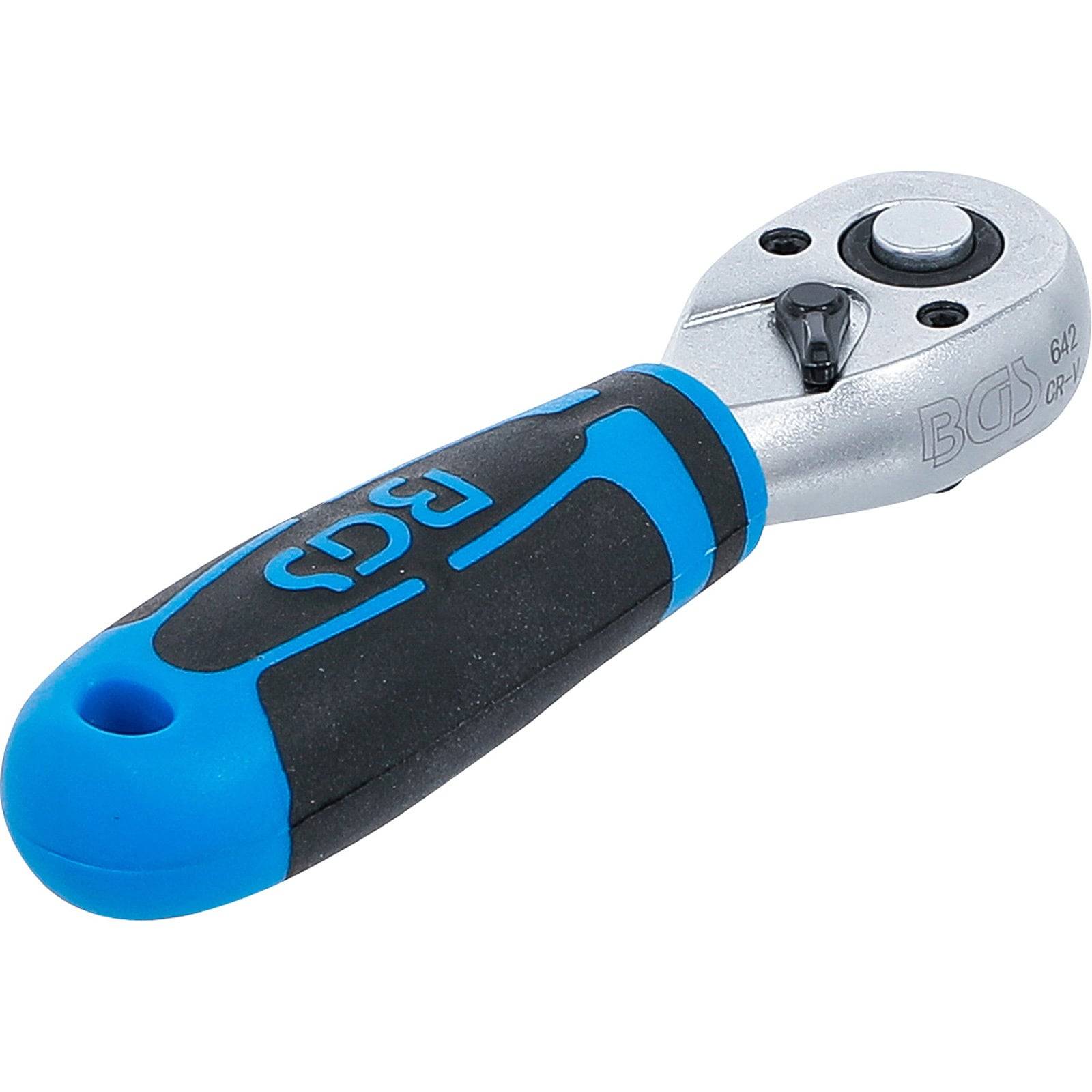 Ein blauer und schwarzer Ratschenschlüssel mit einem silbernen Kopf, ausgestattet mit einem Schalter zur Richtungskontrolle. Markeninitiale sind am Griff sichtbar.