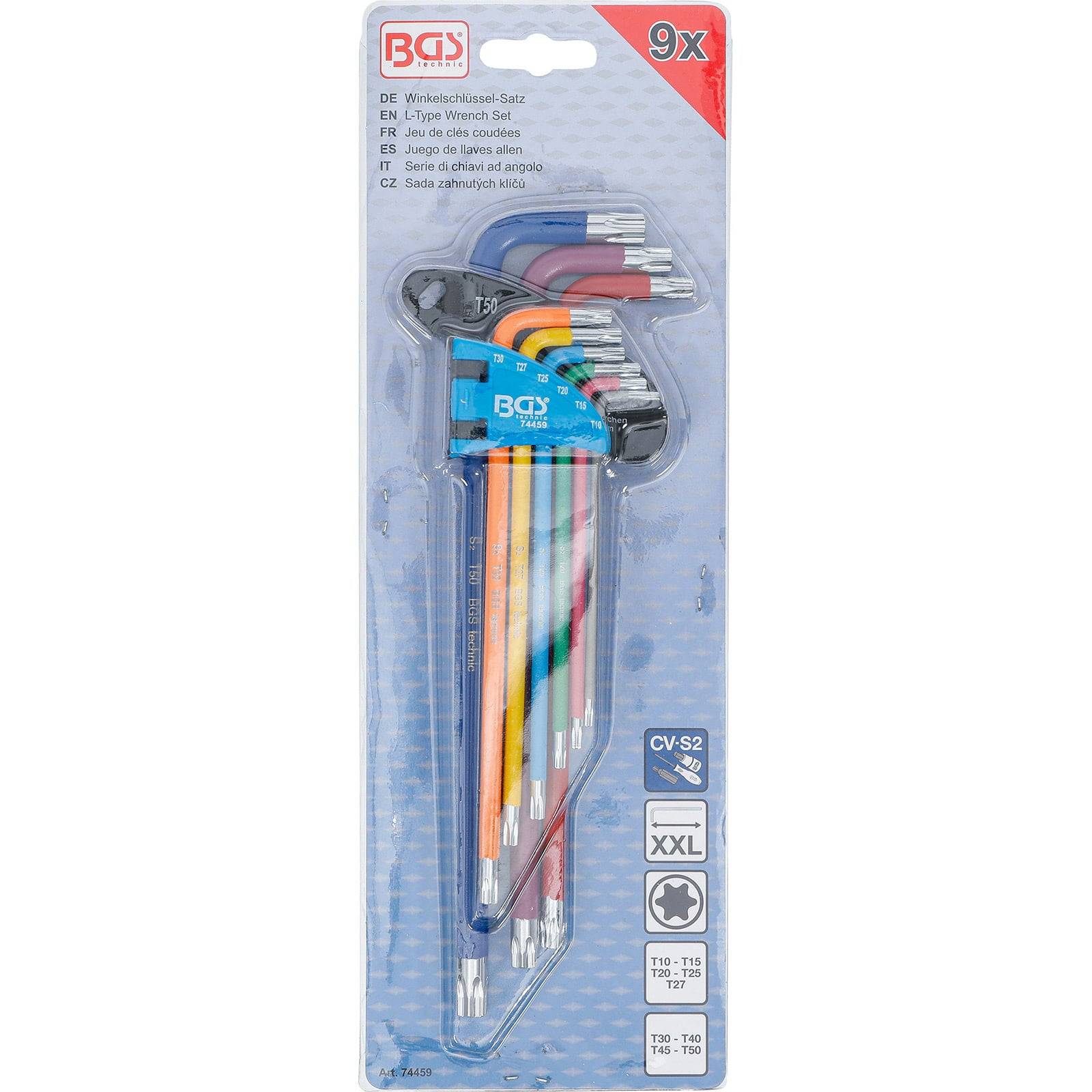 BGS Winkelschlüssel-Satz Multicolour extra lang T-Profil (für Torx) T10 - T50 9tlg. - 74459