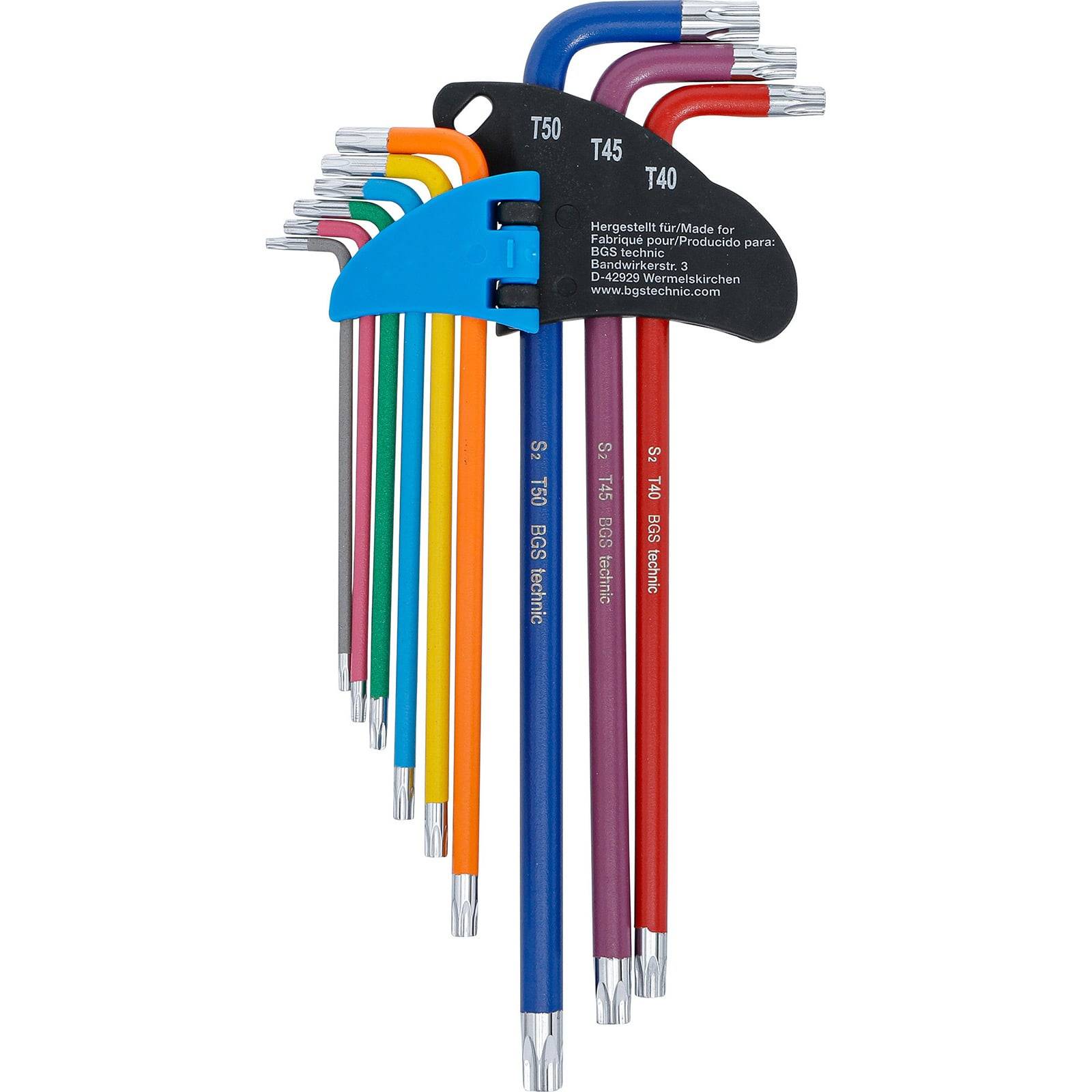 BGS Winkelschlüssel-Satz Multicolour extra lang T-Profil (für Torx) T10 - T50 9tlg. - 74459